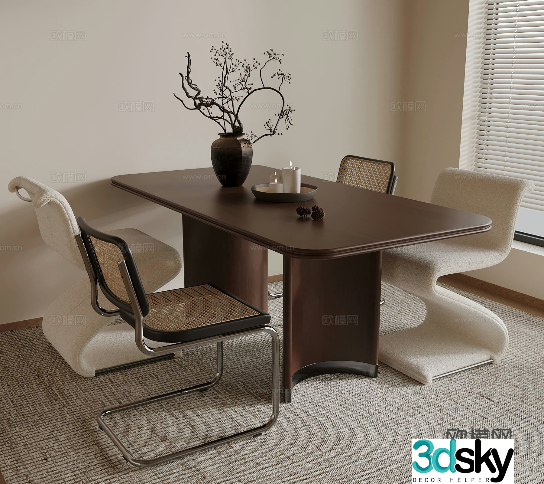 Middle style dining table and chairs decorative ornaments 3D model
