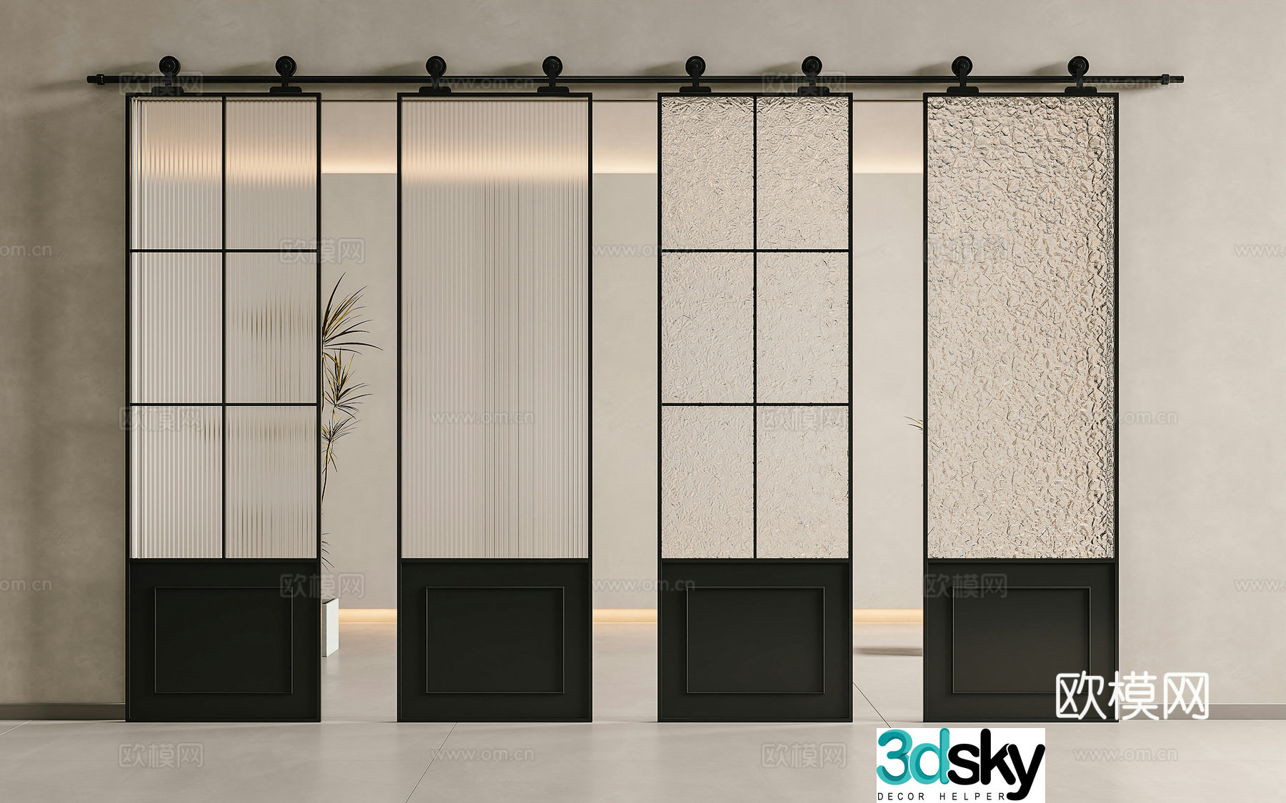 French medieval sliding door glass barn door hanging rail glass door Changhong glass door frosted glass 3d model