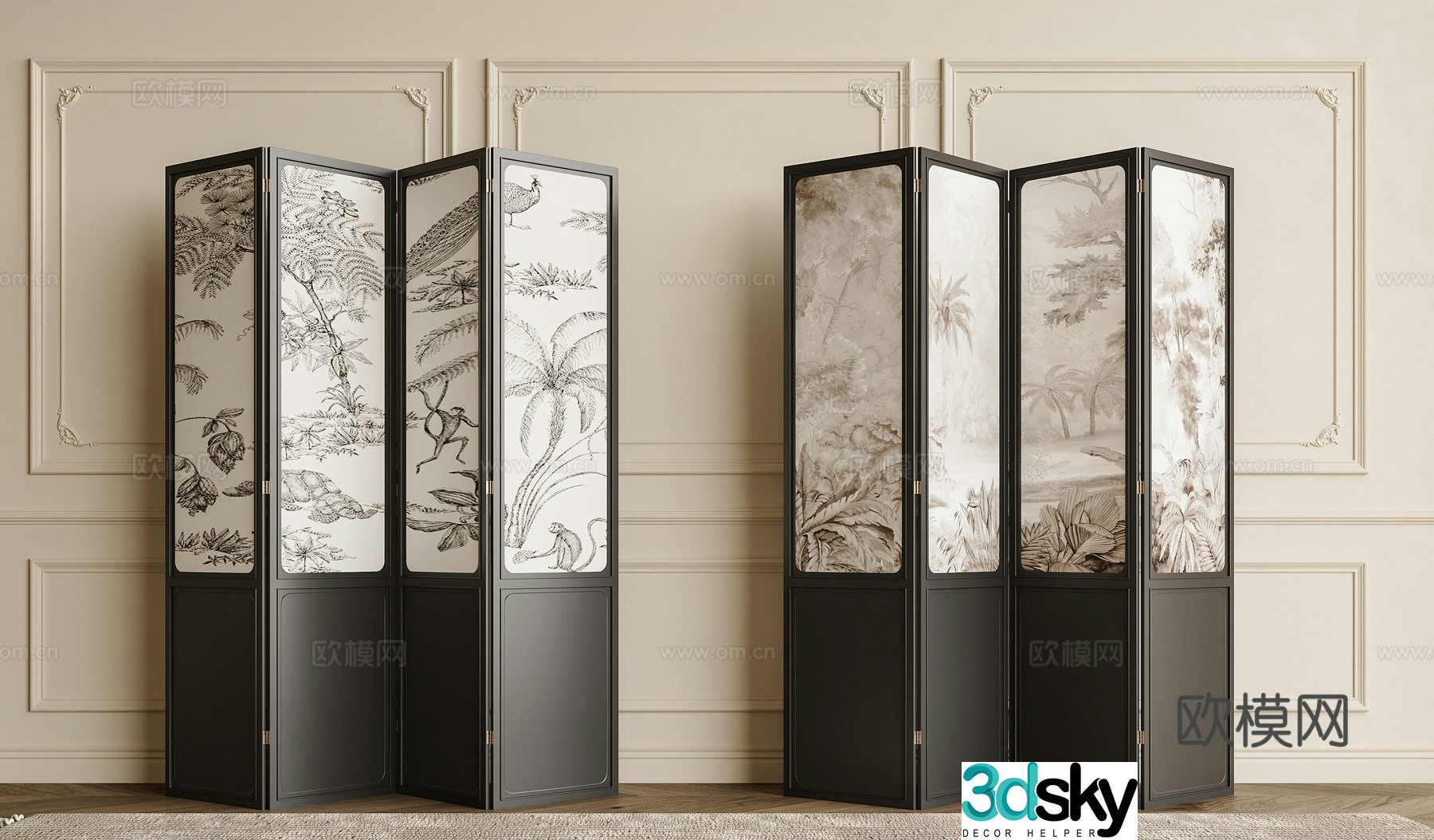 French screen wooden screen folding screen flower and bird screen French flower and bird wooden screen 3d model