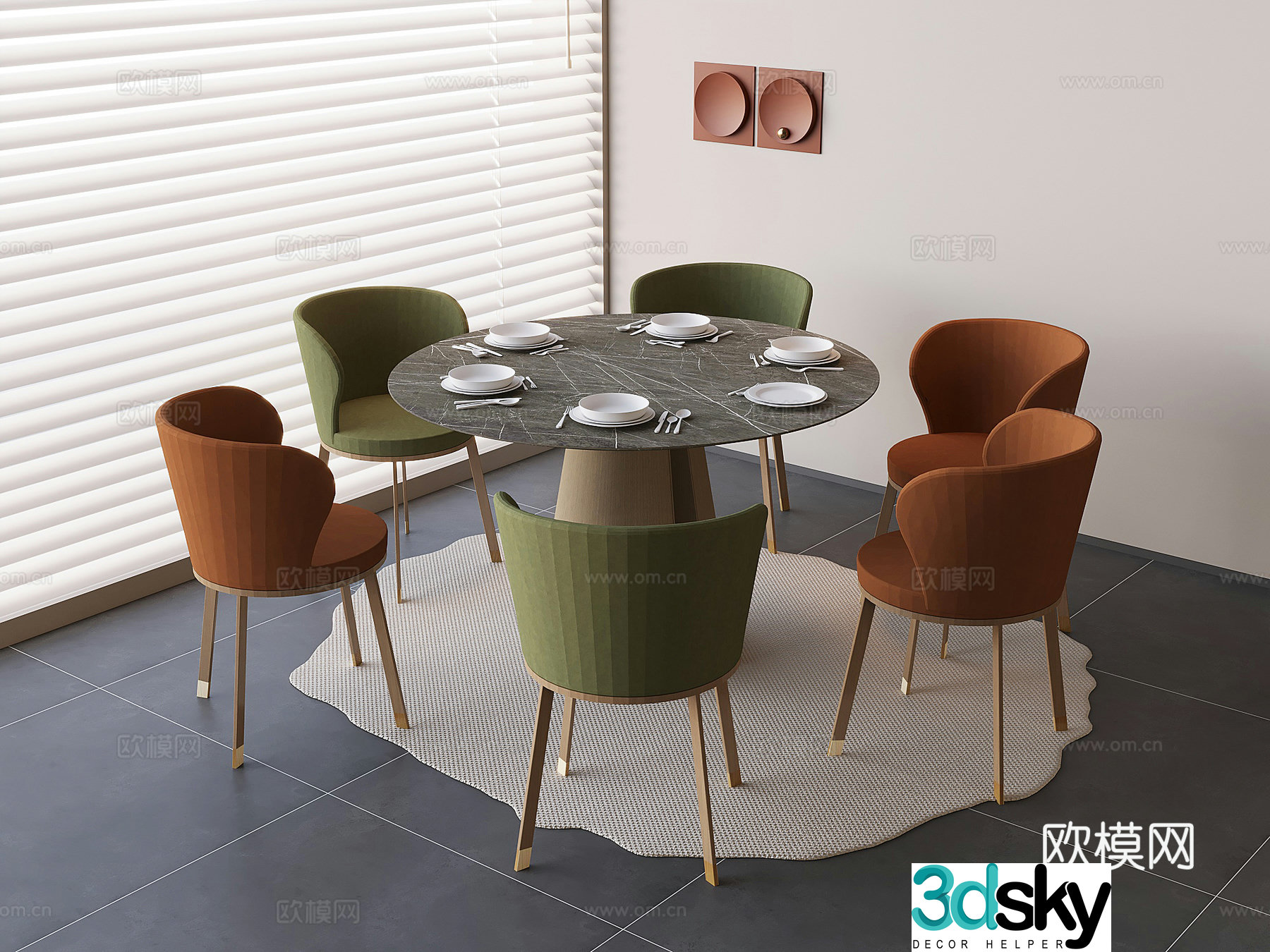 Nordic hotel dining table and chairs marble dining table backrest chair 3D model