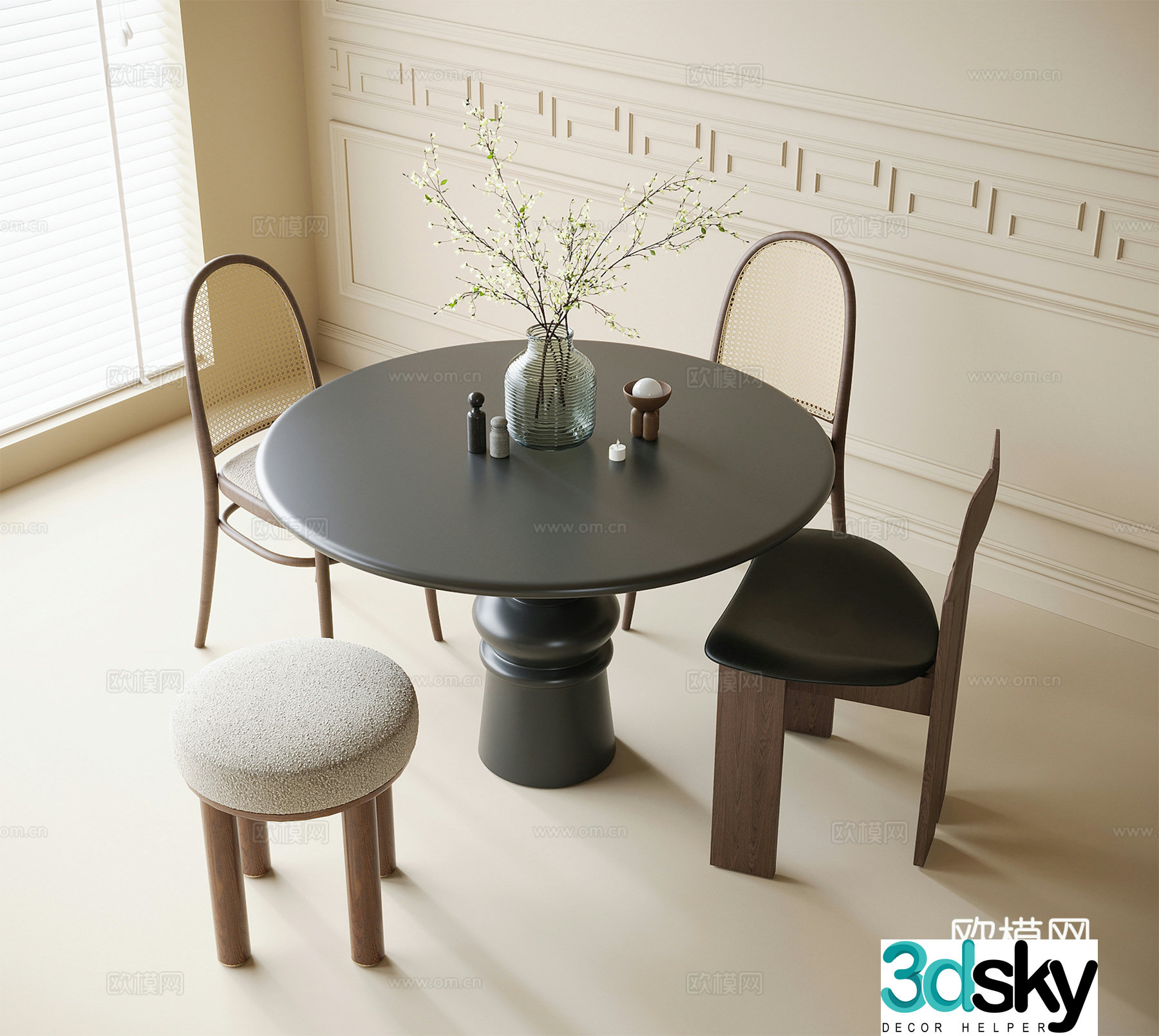 French dining table and chair combination dining chair round dining table 3D model