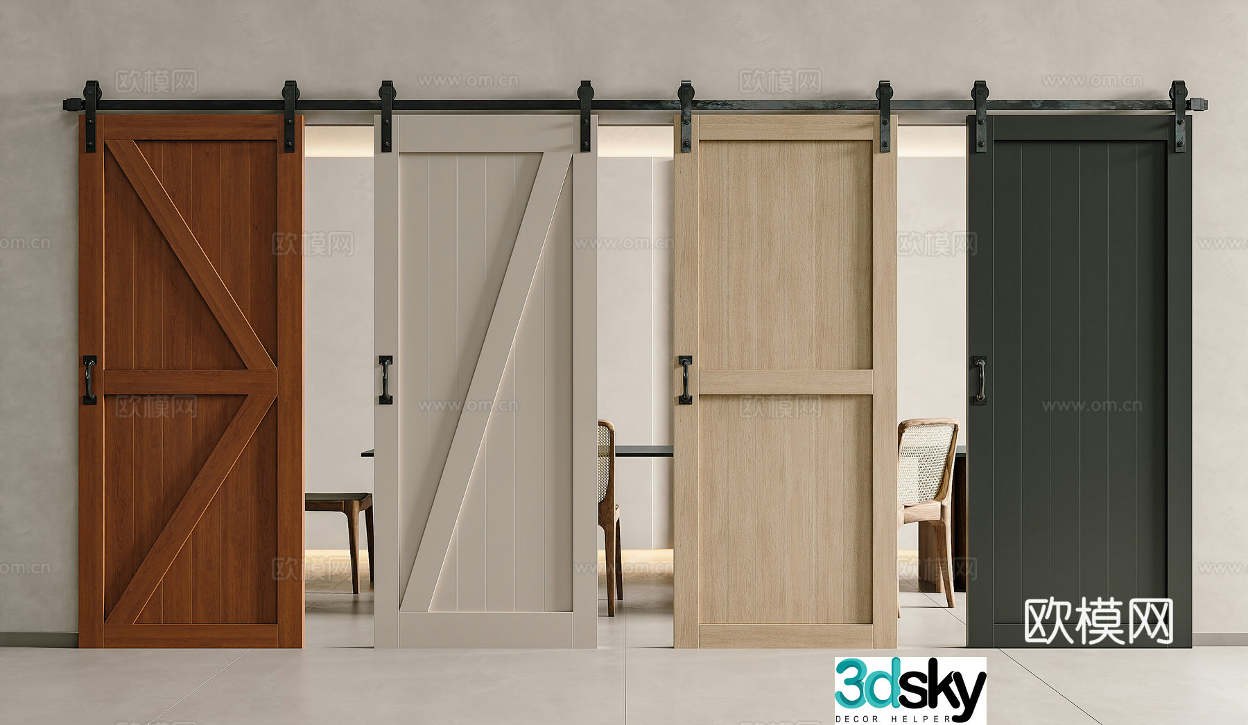 Middle age sliding door barn door hanging rail door sliding door kitchen barn door sliding door 3d model