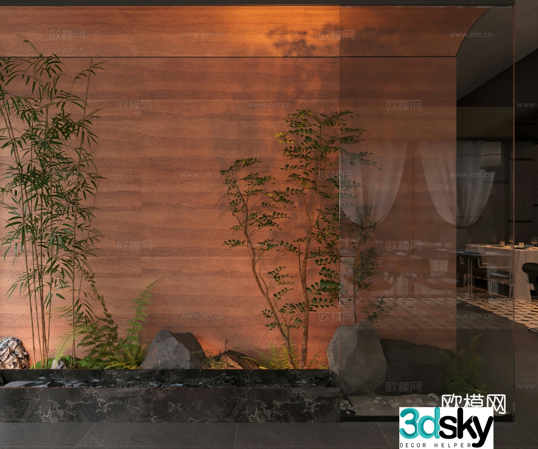 3D model of green plants and flowing water landscape in the home