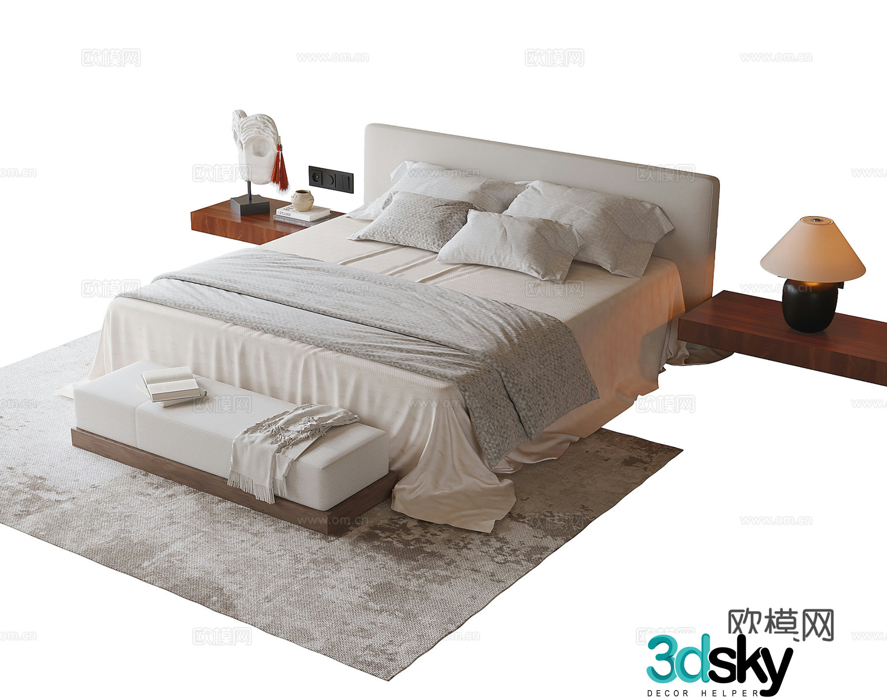 Modern double bed nightstand bed tail stool 3d model