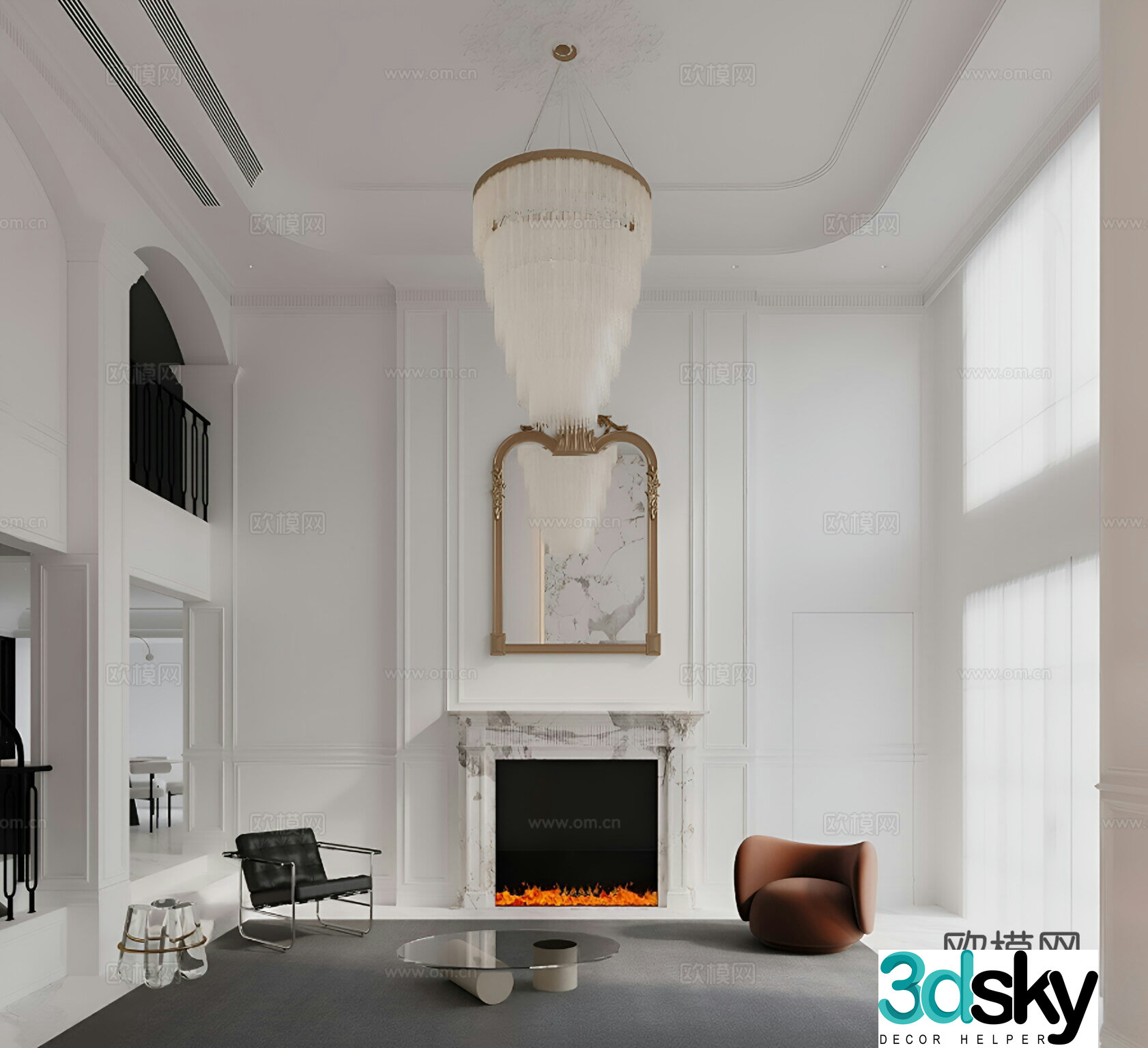 French empty villa living room fireplace stairs light luxury 3D model