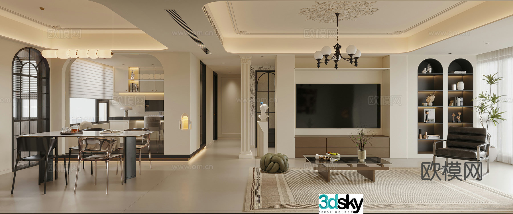 Modern French living and dining room 3d model