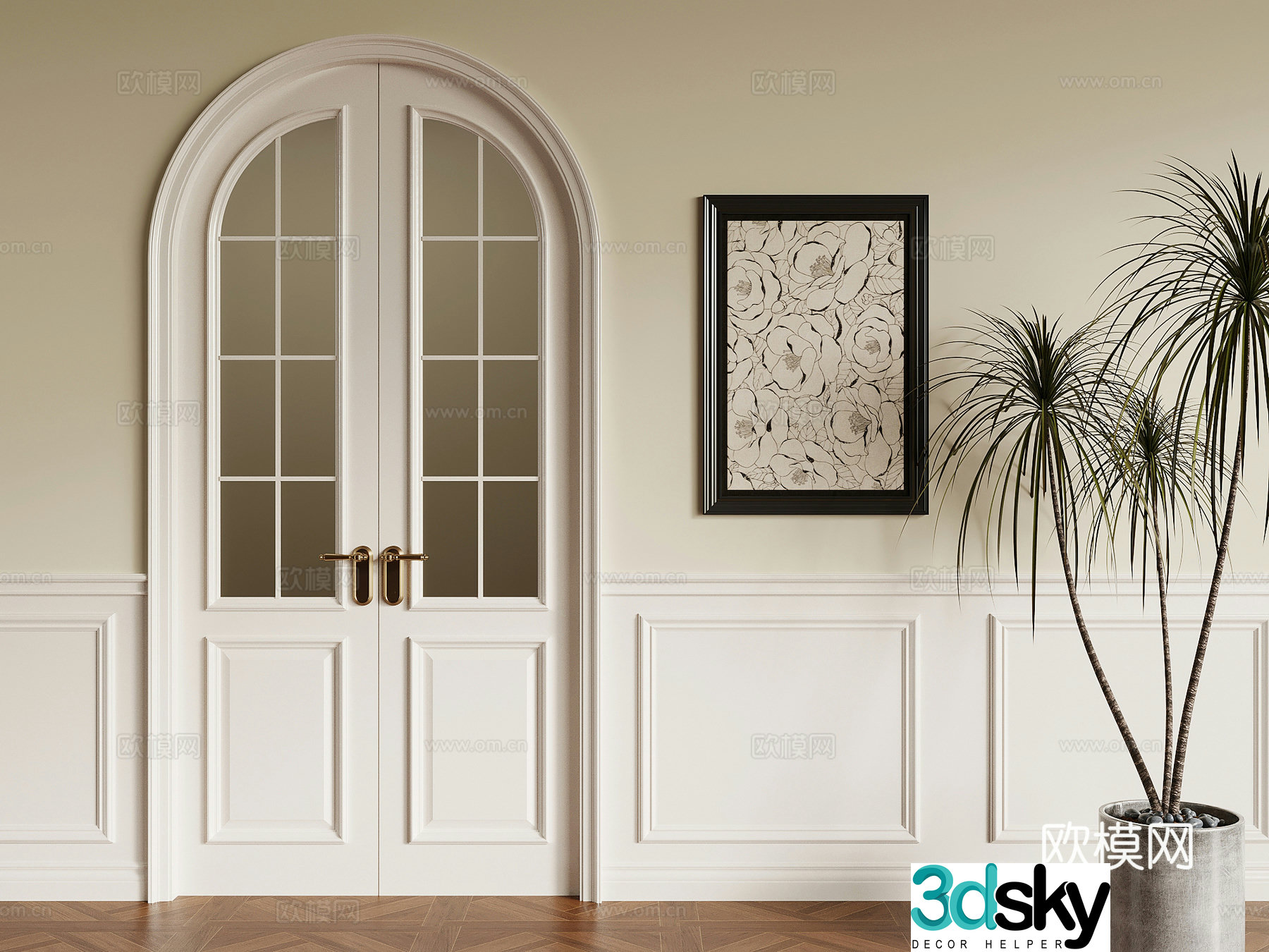 French double door wall skirt wall panel hanging painting 3d model
