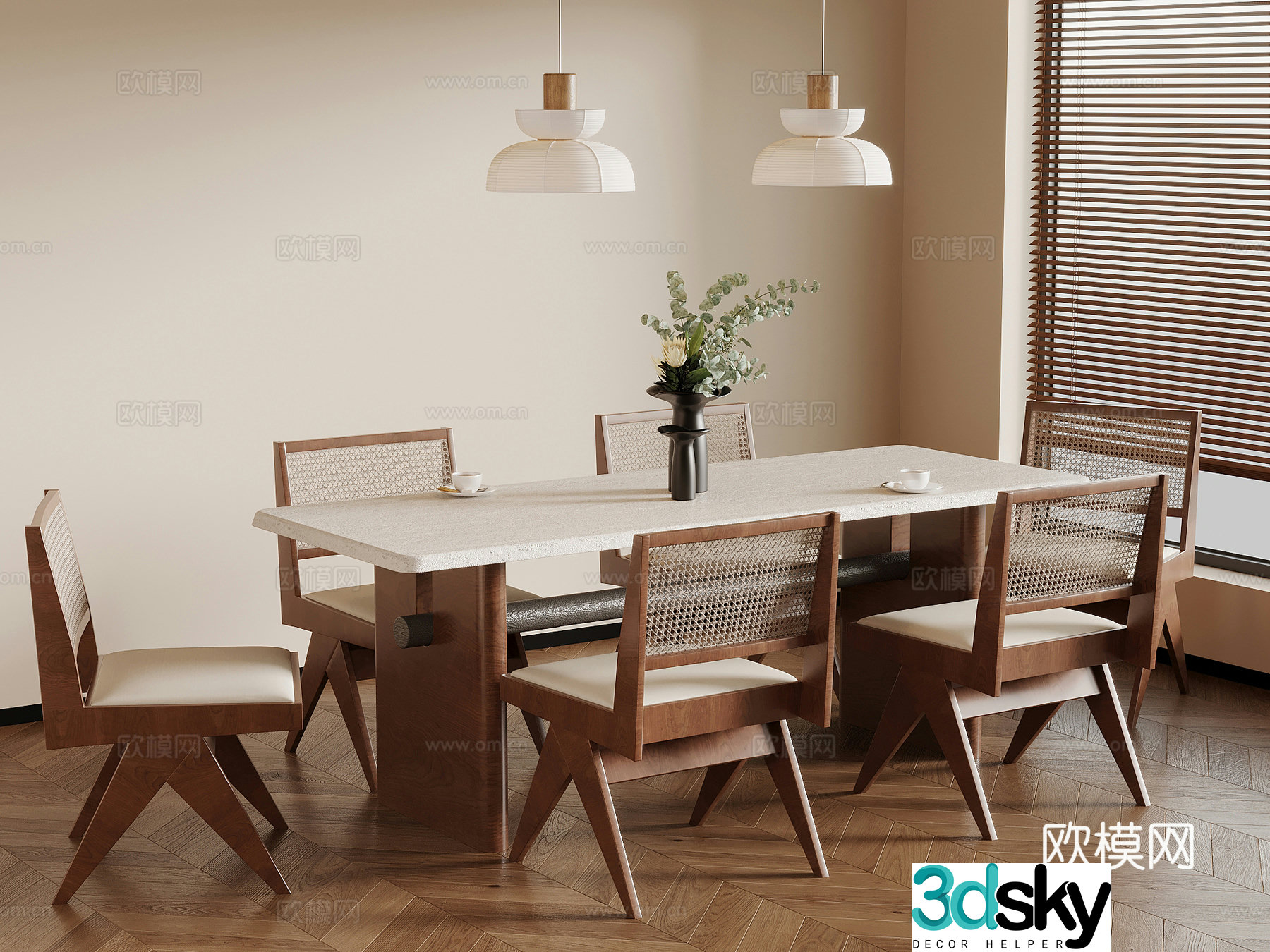 Medium style dining table and chair 3D model