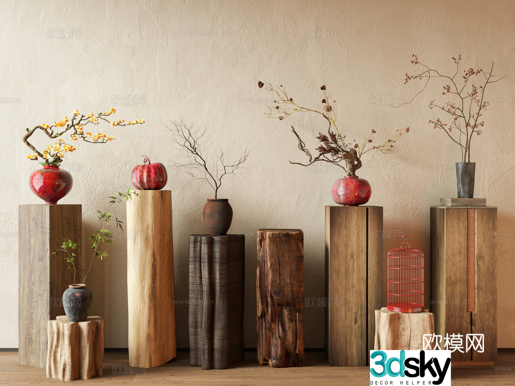 Wabi-Vacuum Flower Art Column Old Wood Column Vase Flower Art Clay pot Vase Flower Pot Column 3D Model