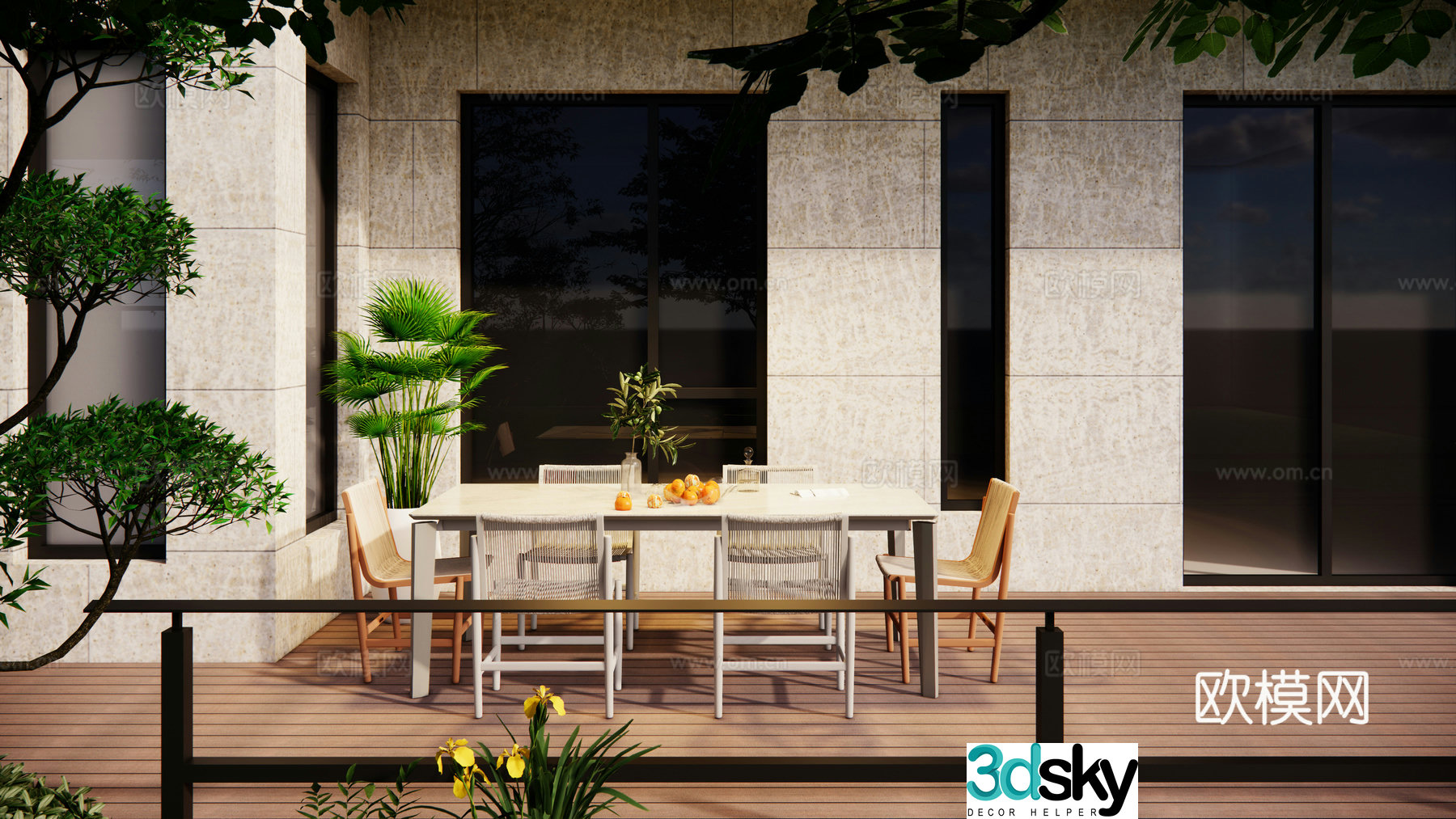 Modern outdoor courtyard garden Self-built house villa landscape Metal long dining table and chairs Water system Mountain and stone 3D model