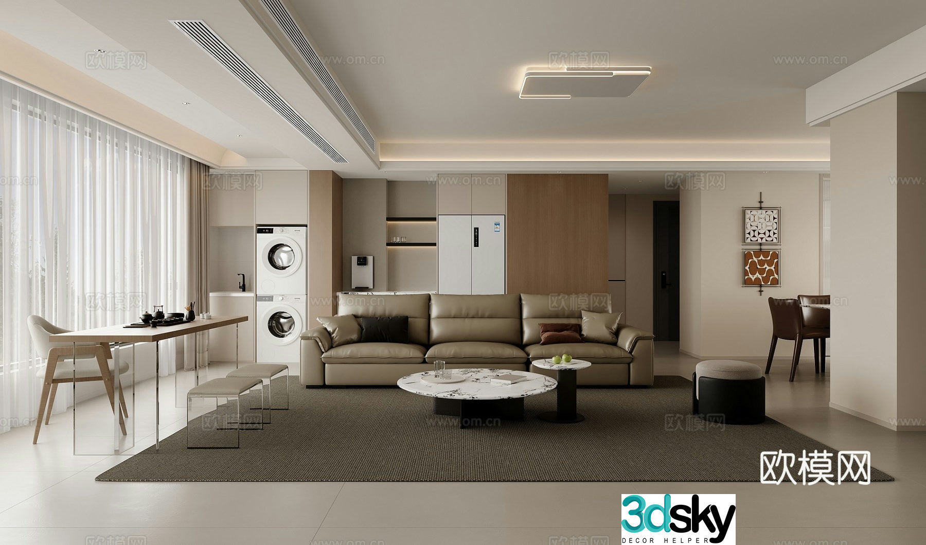 Modern living and dining room 3d model