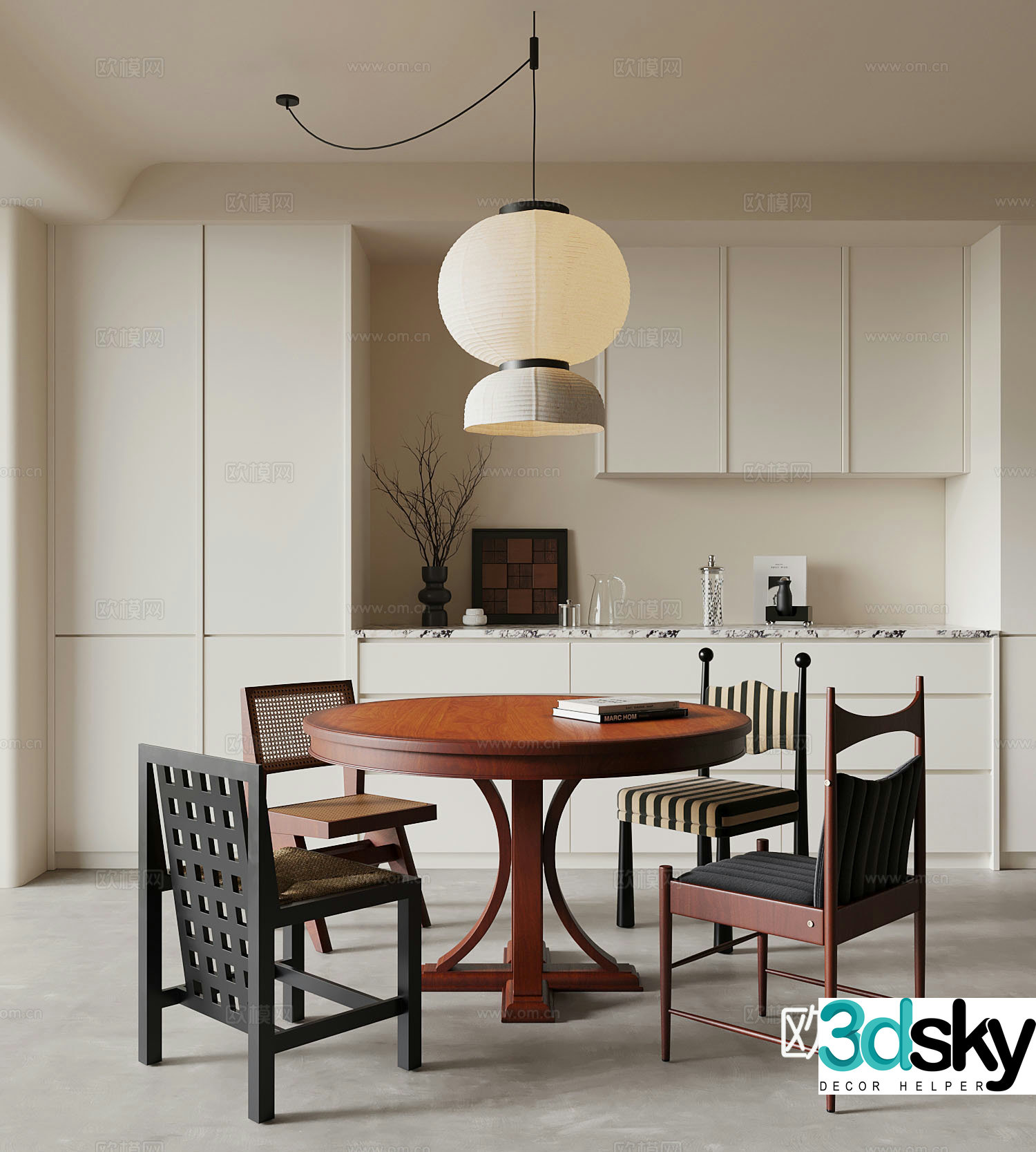 French retro dining table and chair chandeliers 3d model