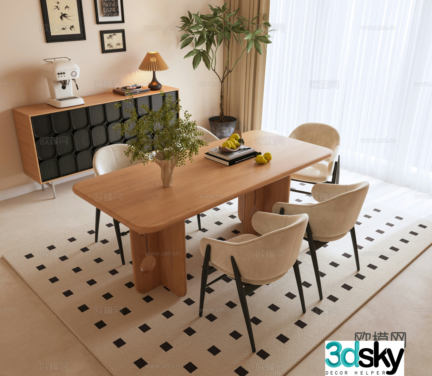 Modern dining table and chair combination Solid wood dining table and chair combination Cream restaurant Dining chair Long table Vase 3D model
