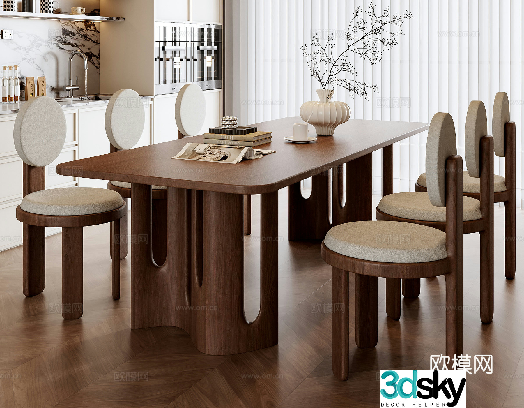 Medium style dining table and chair combination 3D model