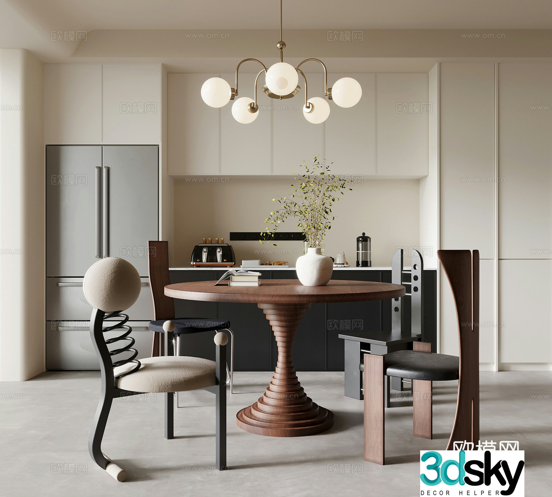 Middle-aged restaurant dining table and chairs wine cabinet 3d model