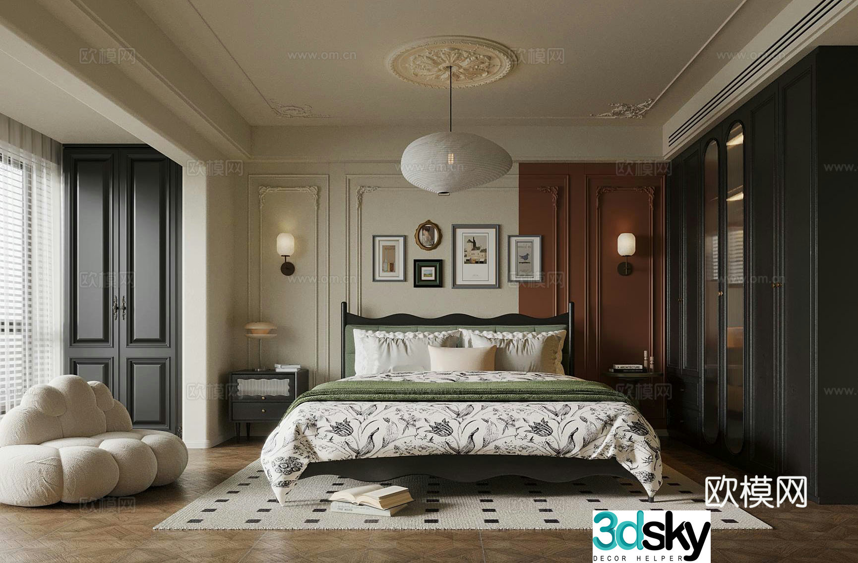 French bedroom master bedroom wardrobe bedside table decoration 3d model