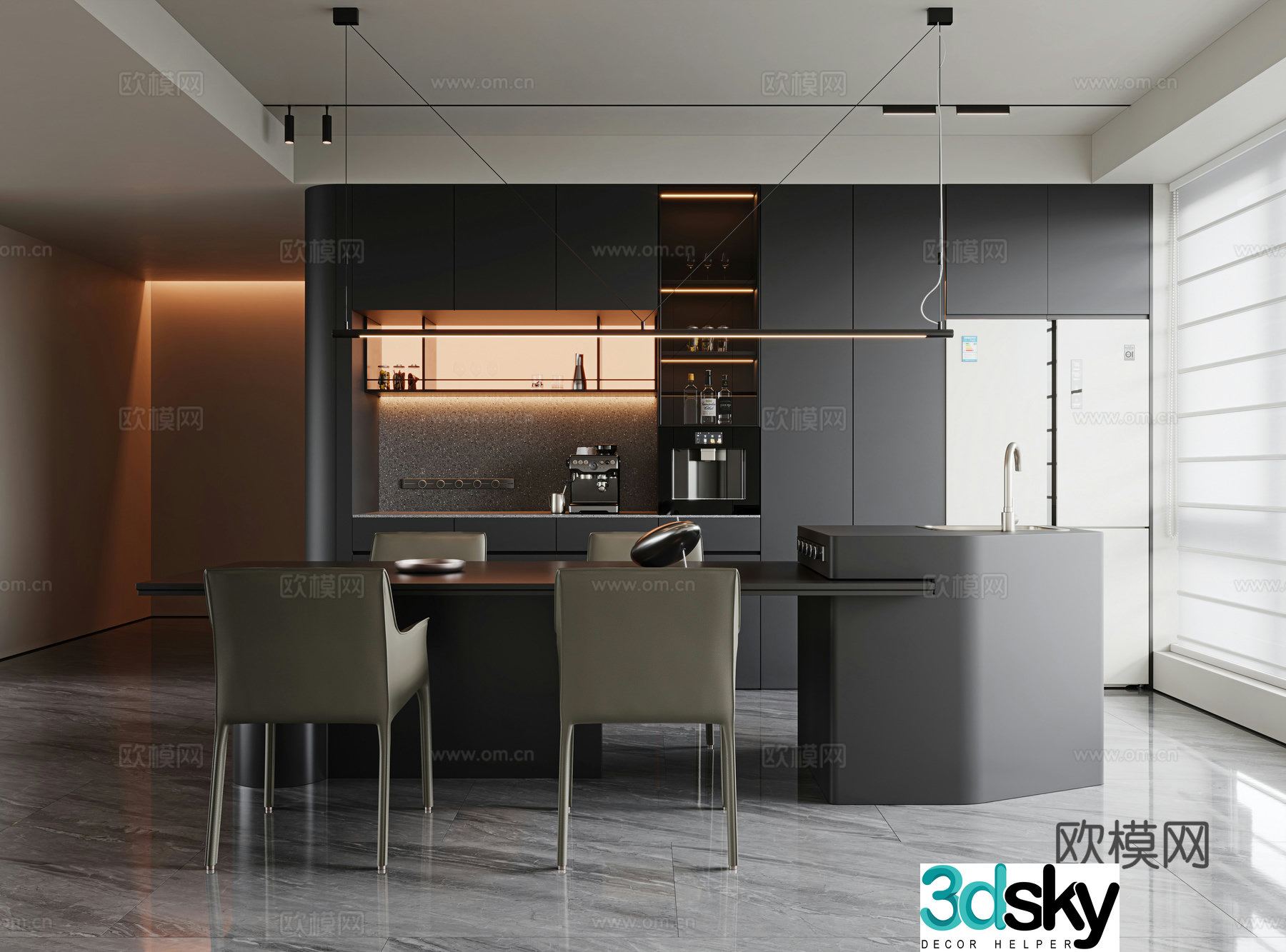 Italian minimalist restaurant dining table and chair combination island dining table single chair leather dining chair sideboard 3D model