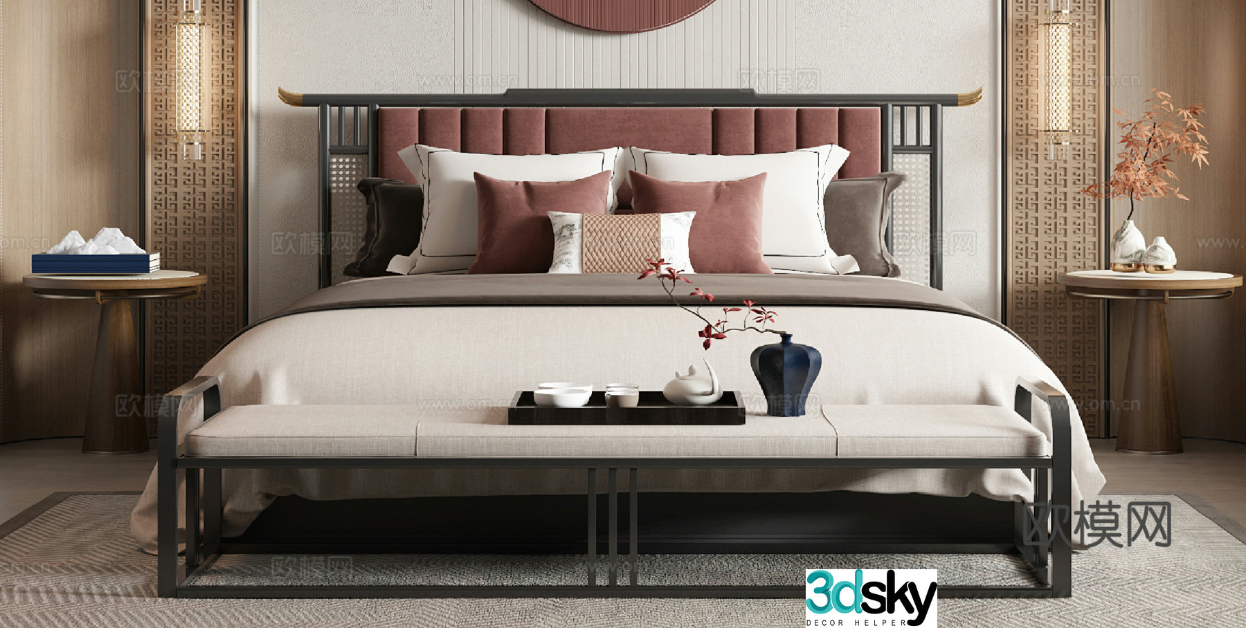 New Chinese style double bed 3D model