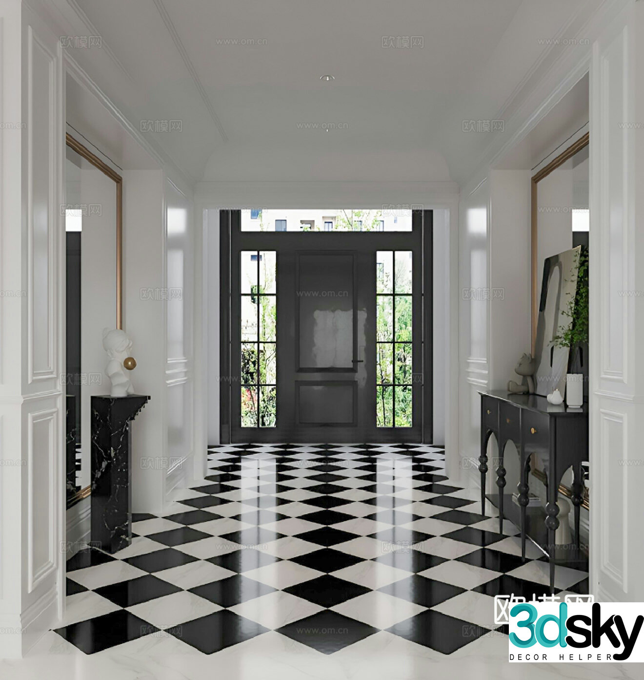 French entrance hall black and white parquet floor tiles 3D model