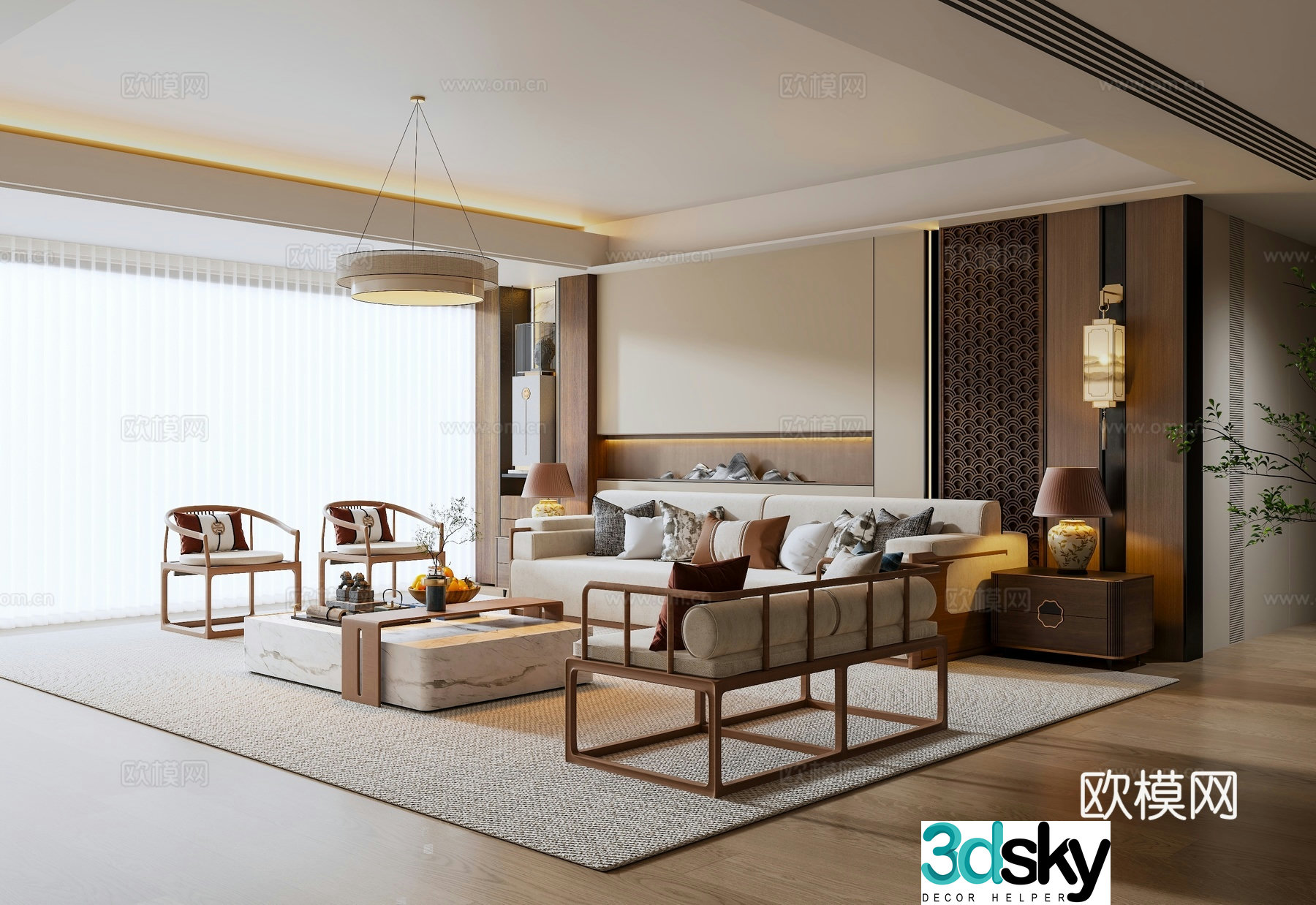 New Chinese living room New Chinese background wall New Chinese sofa coffee table combination Wall lamp 3D model
