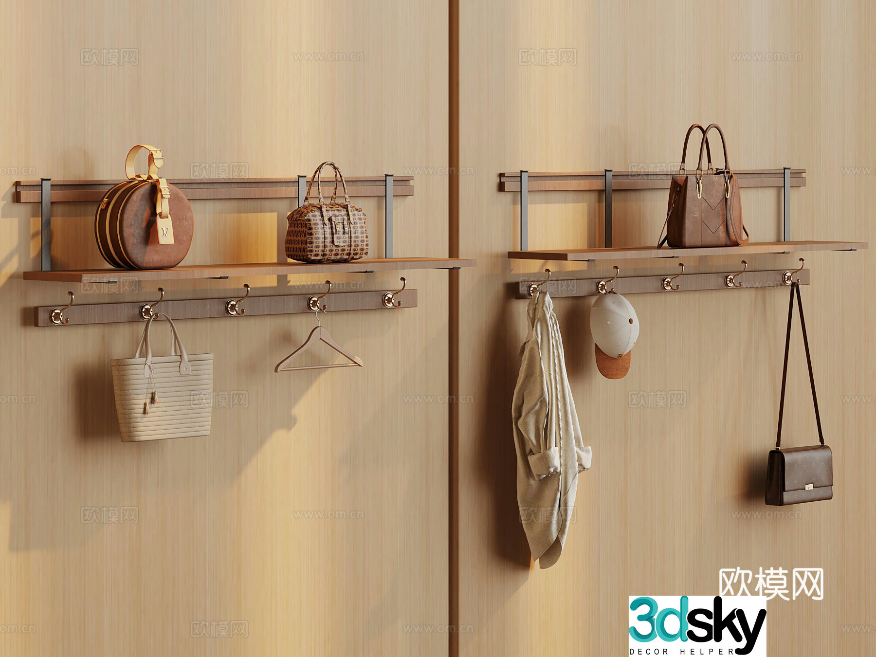 Modern hooks clothes hangers bags 3d model