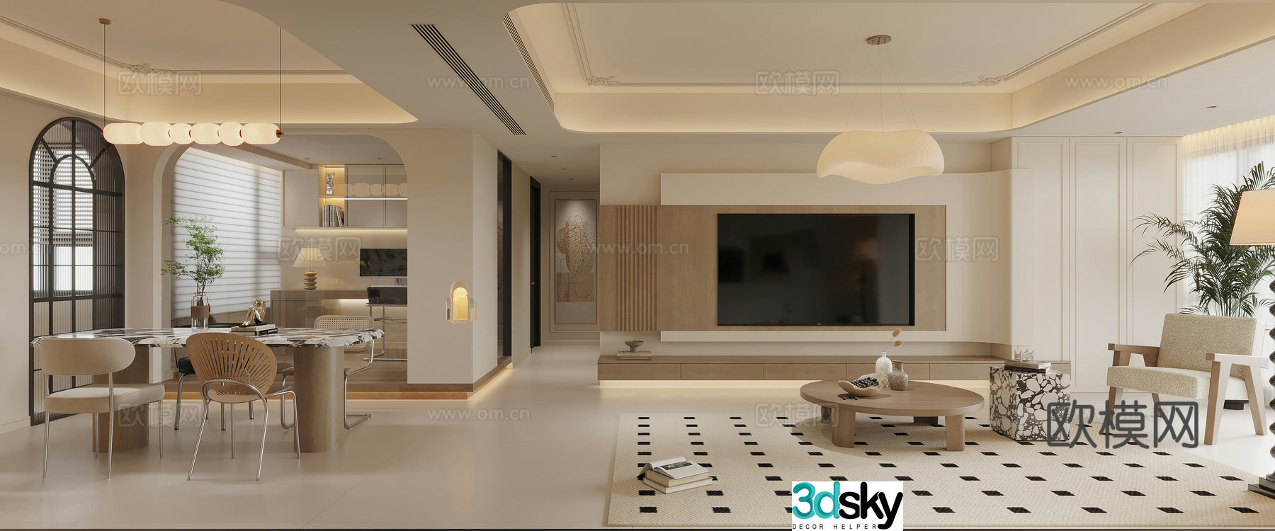 Modern French living and dining room 3d model