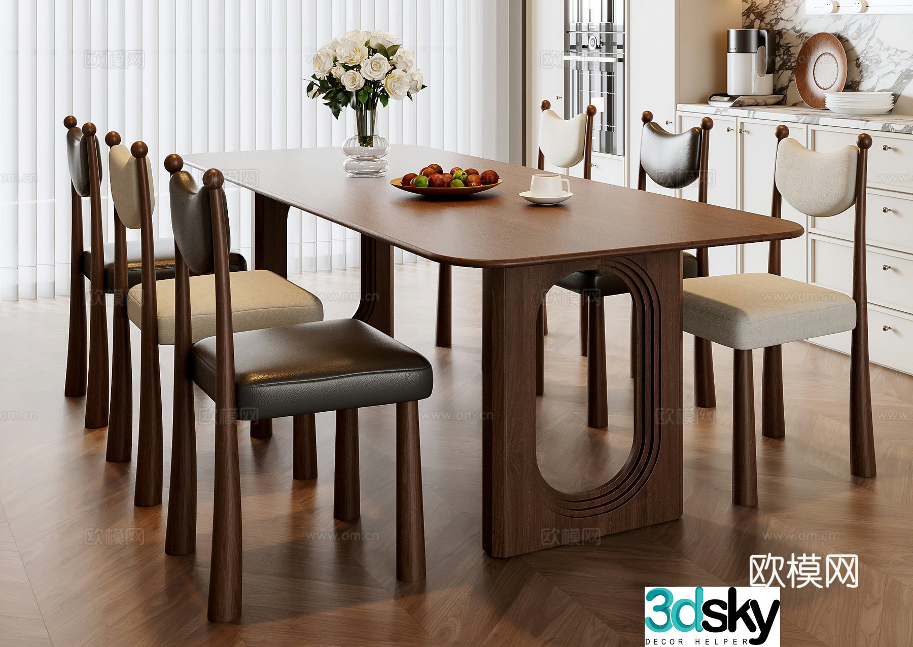 Medium style dining table and chair combination 3D model