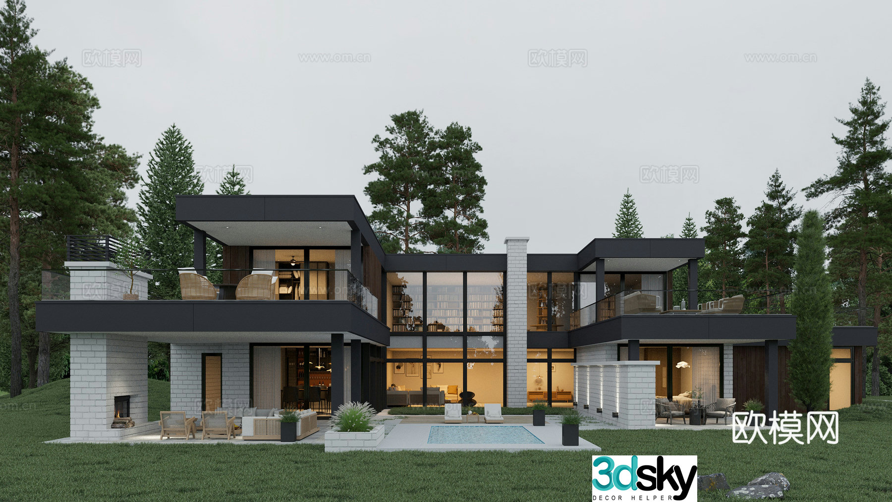 Modern villa building exterior Modern single-family villa night view 3d model