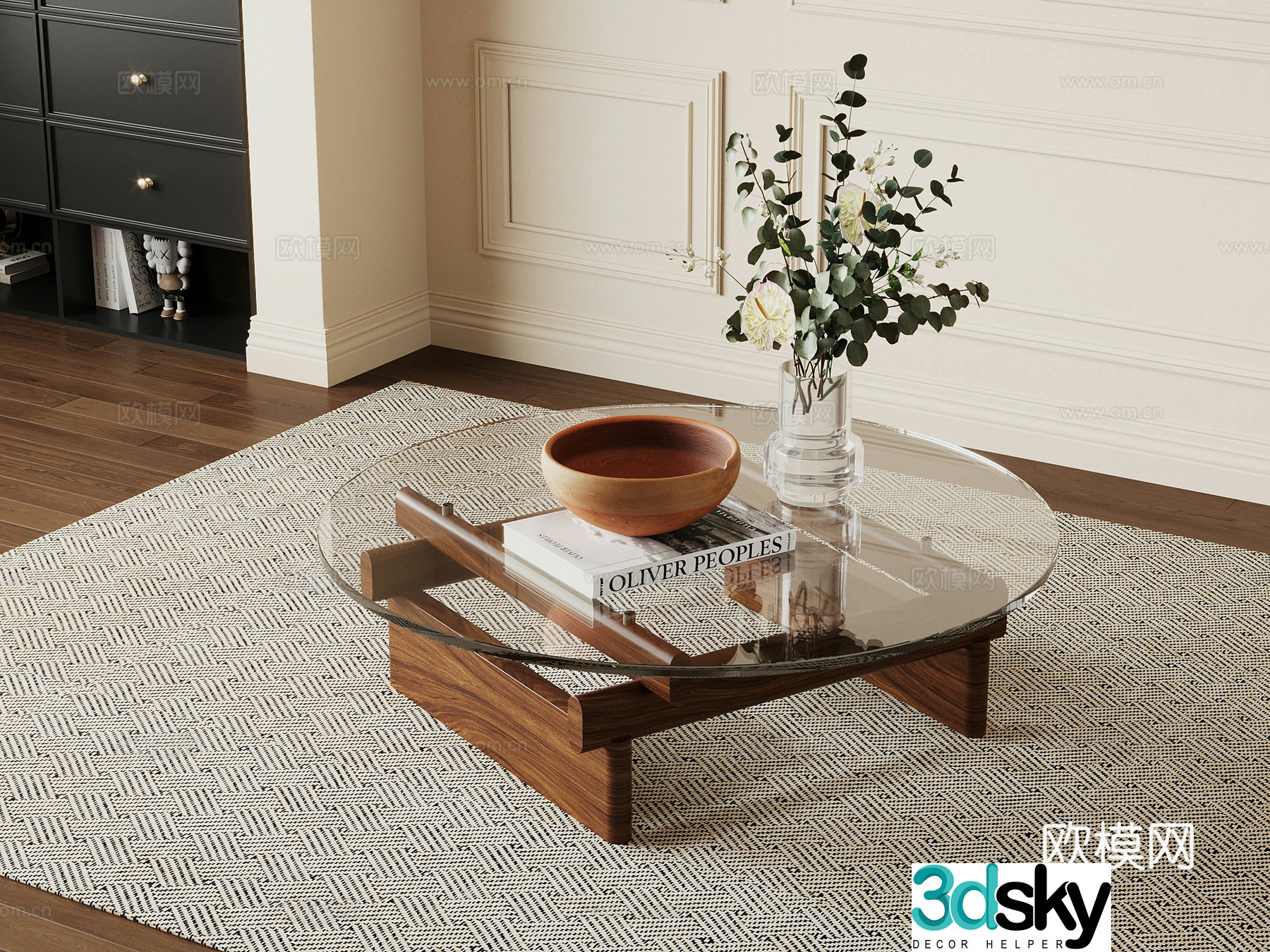 Middle-aged style coffee table glass coffee table round coffee table 3D model