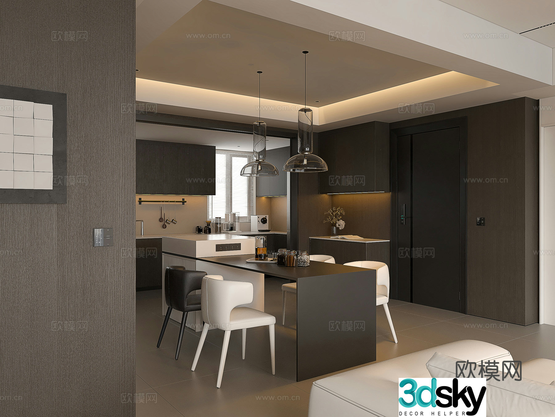 Italian restaurant Modern restaurant Minimalist restaurant Italian kitchen Italian dining table and chairs Chandelier Island 3d model