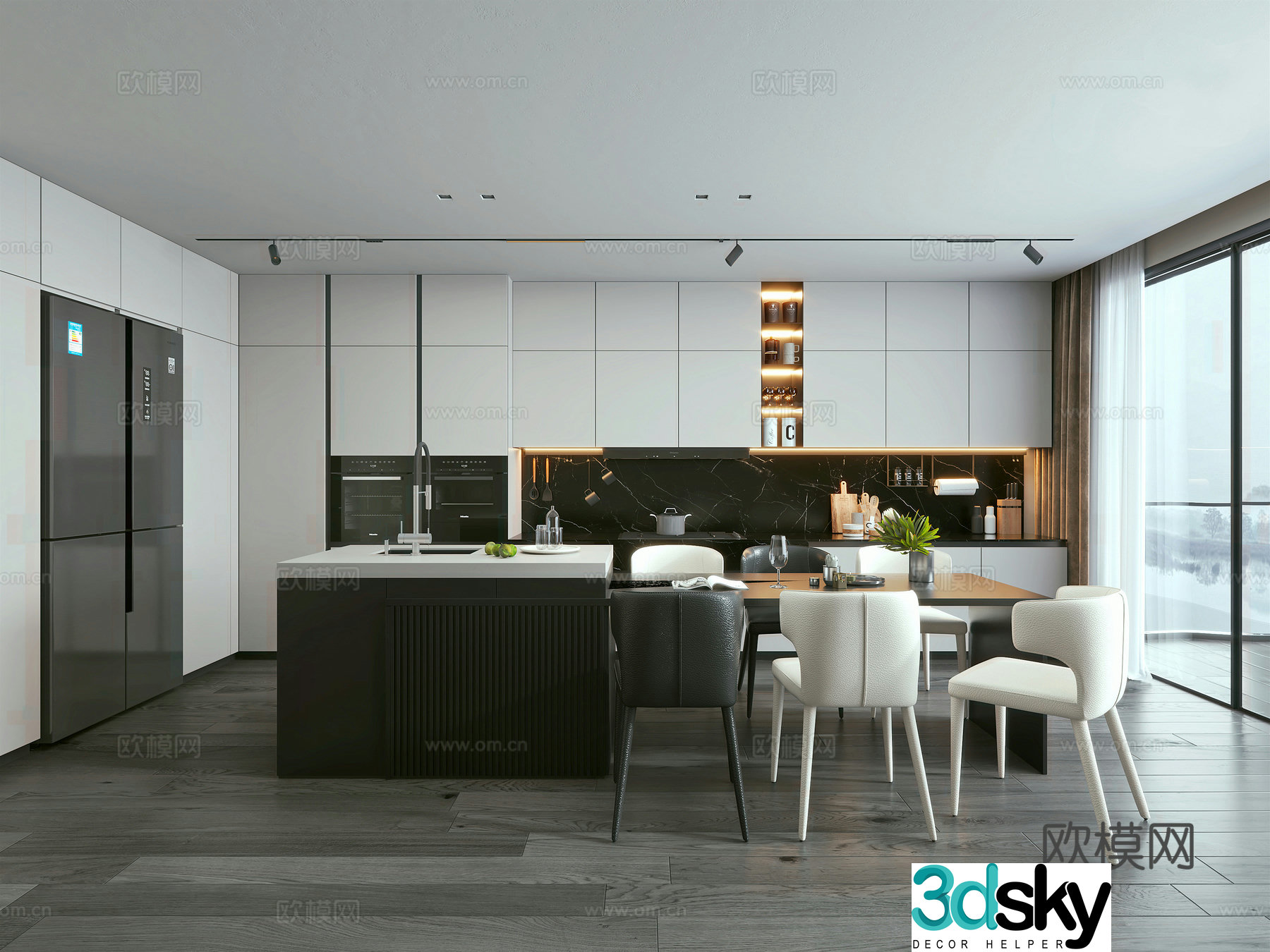Italian open kitchen dining room kitchen island table dining chair kitchen appliance combination tableware ornaments 3D model