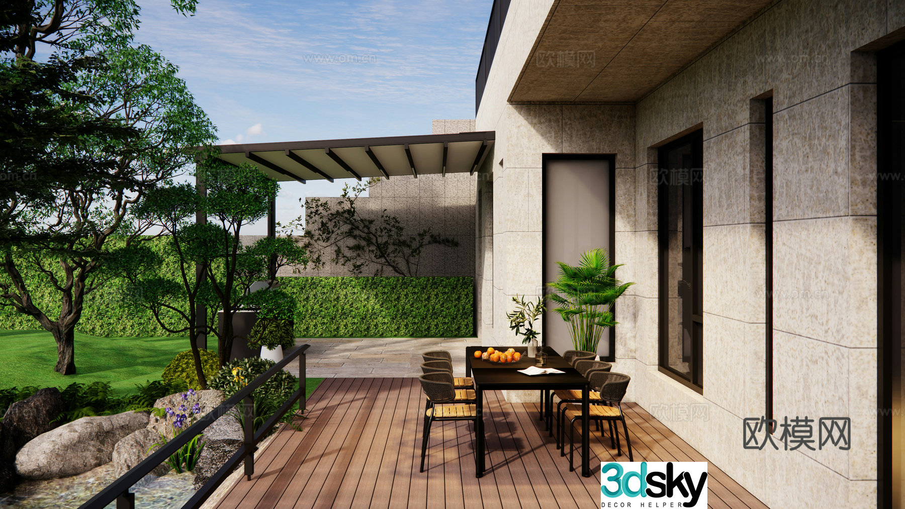 Modern outdoor courtyard garden Self-built house villa landscape Metal long dining table and chairs Water system Mountain and stone 3D model