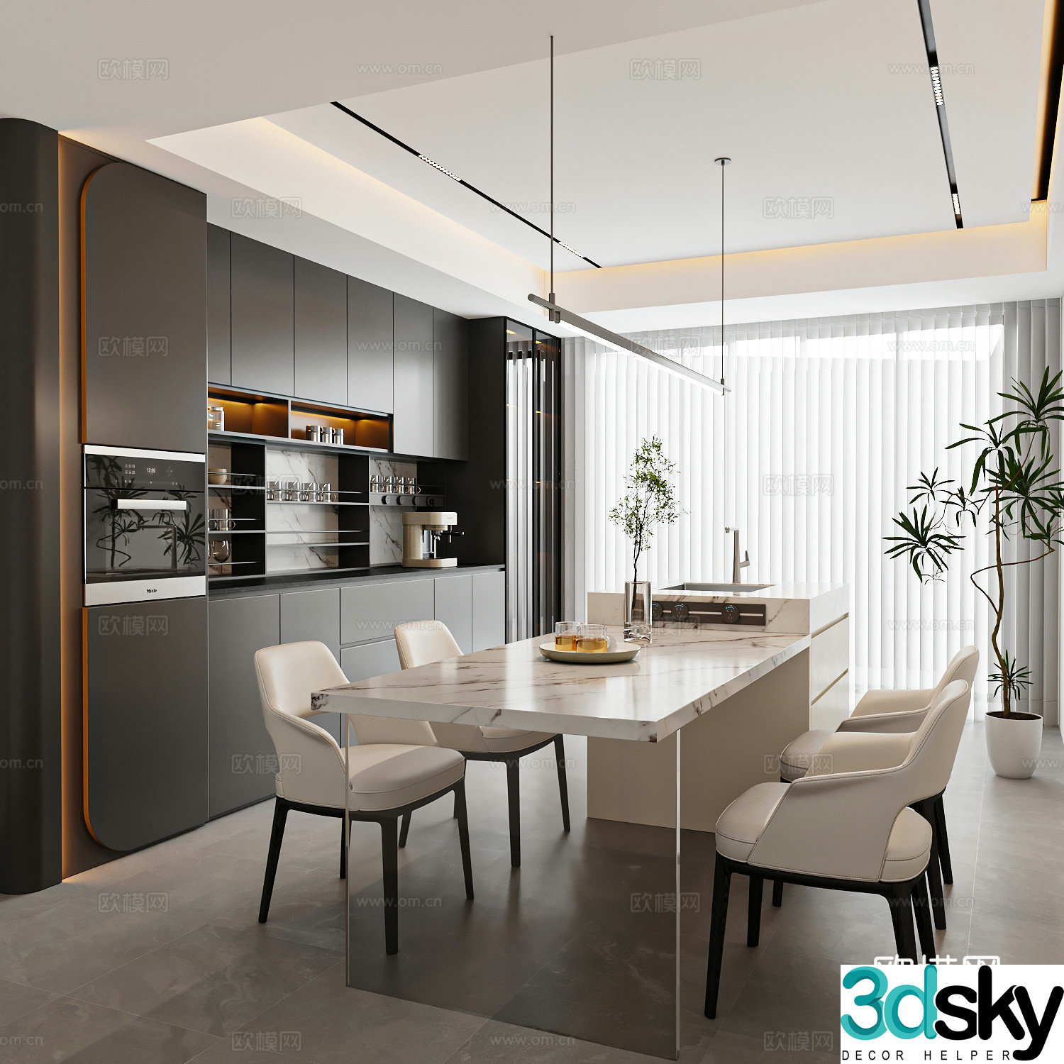 Modern Italian restaurant Island restaurant Sideboard dining table and chair combination 3D model