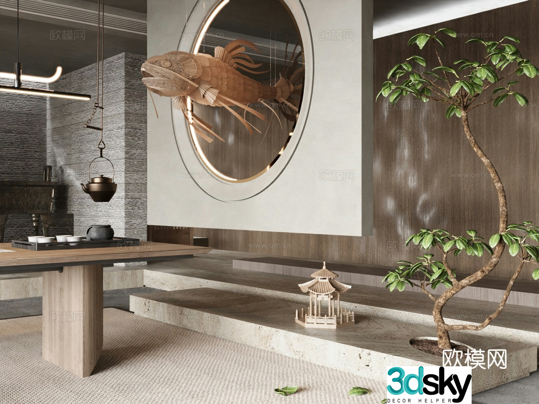 New Chinese style partition entrance partition sculpture decoration flying fish 3d model