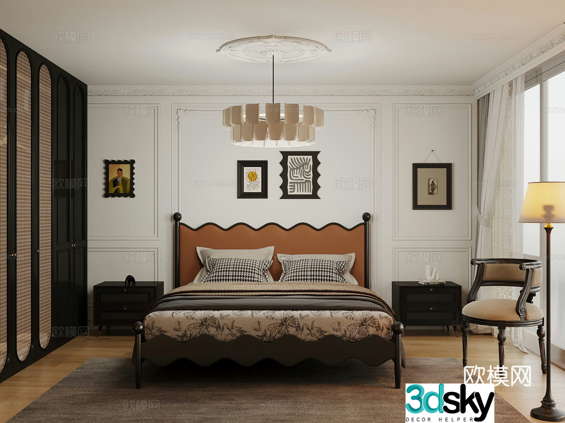 French bedroom master bedroom wardrobe bedside table decoration 3d model