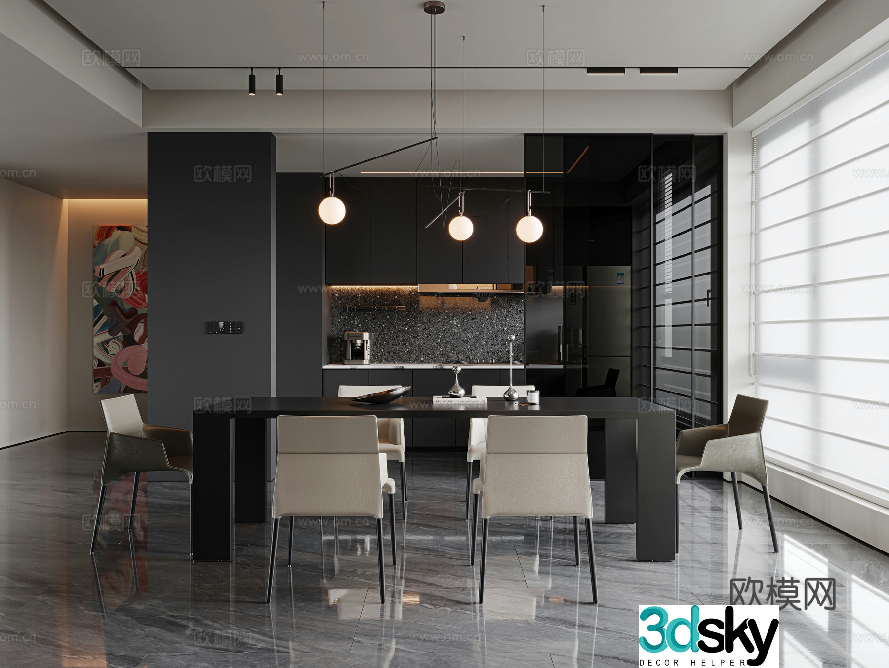Italian minimalist restaurant dining table and chair combination long dining table single chair leather dining chair closed kitchen 3D model