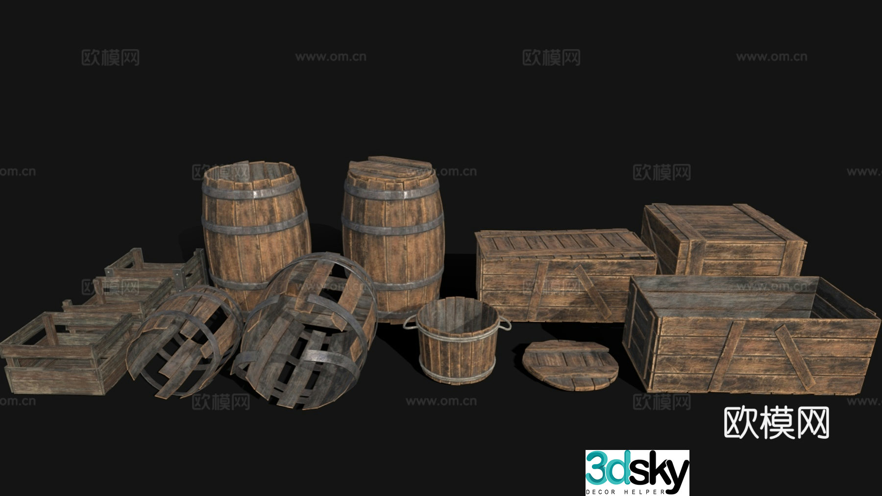 Daily necessities retro wooden box wine barrel old items wooden barrel film and television props 3D model