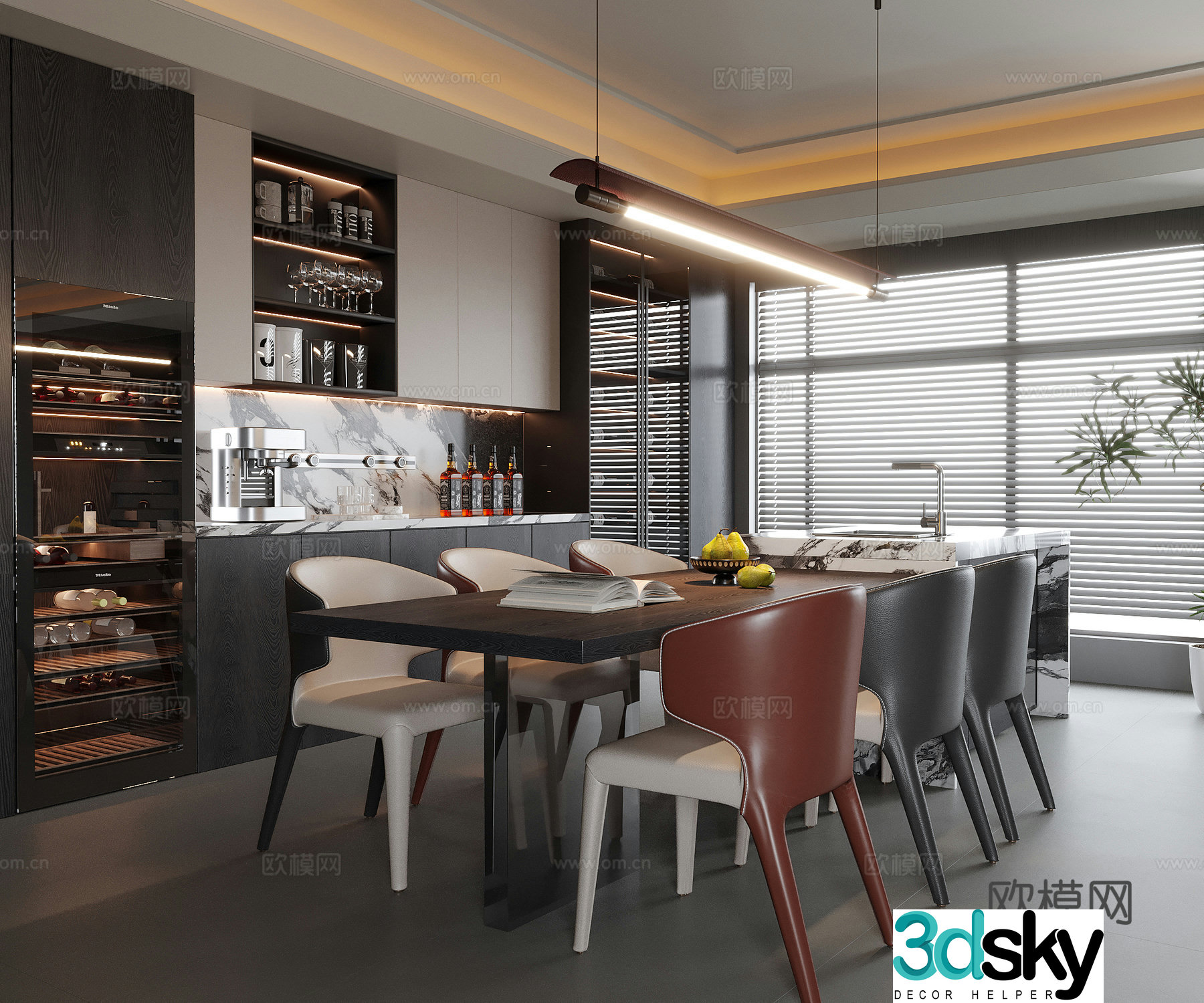 Modern restaurant sideboard wine cabinet island dining table 3D model