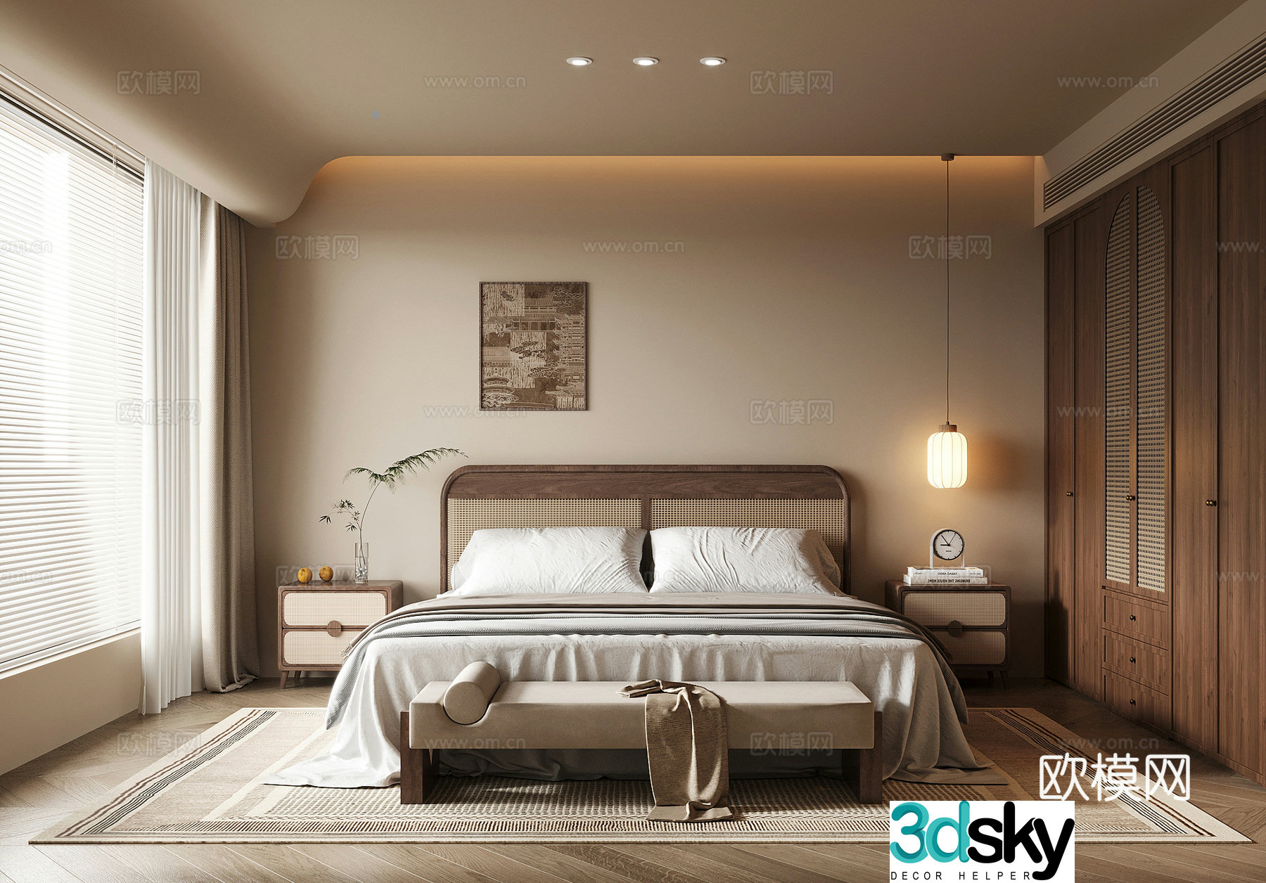 Middle style bedroom wardrobe double bed 3d model