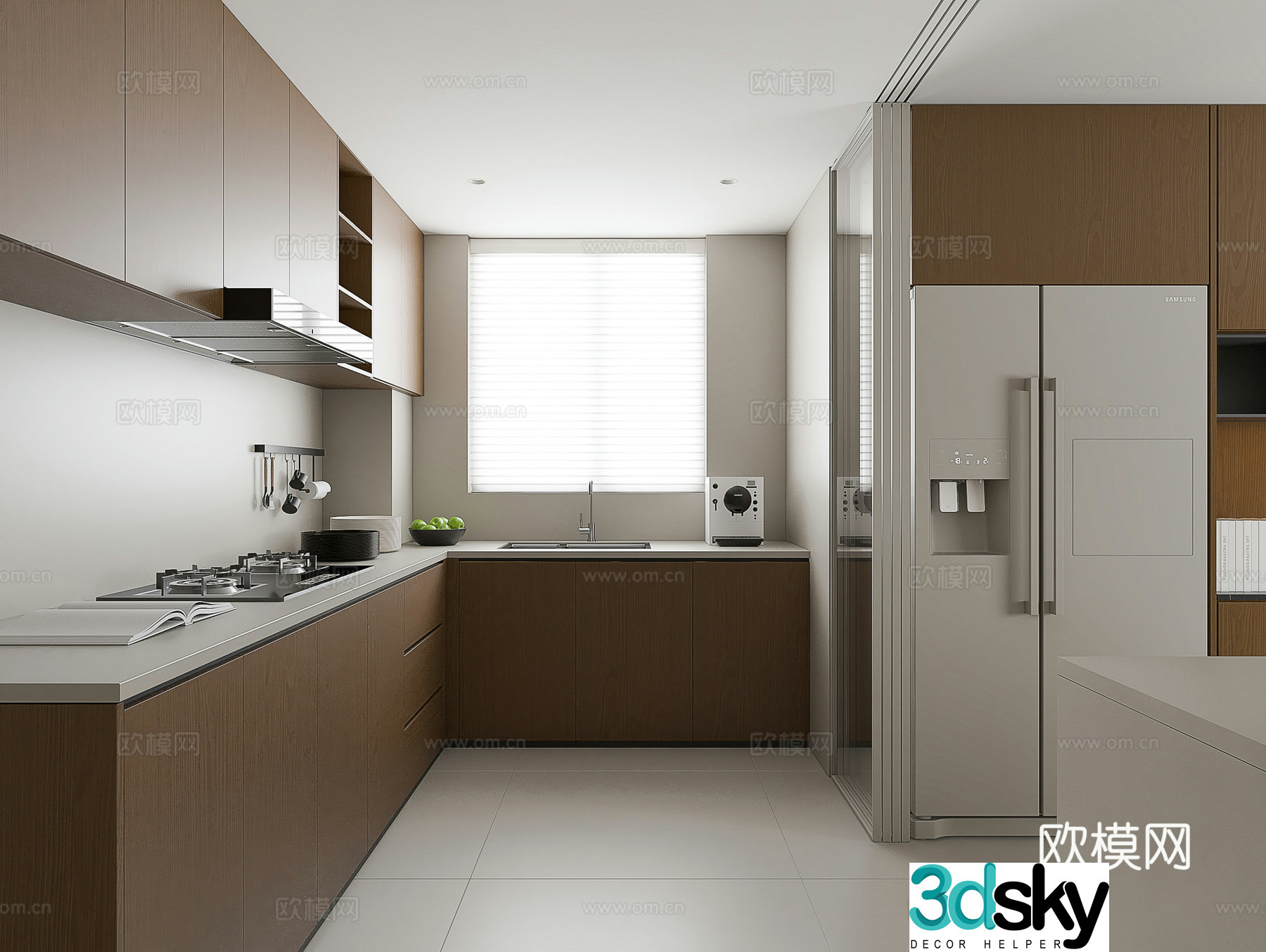 Modern kitchen Creamy kitchen Minimalist kitchen Log kitchen Refrigerator Range hood 3d model