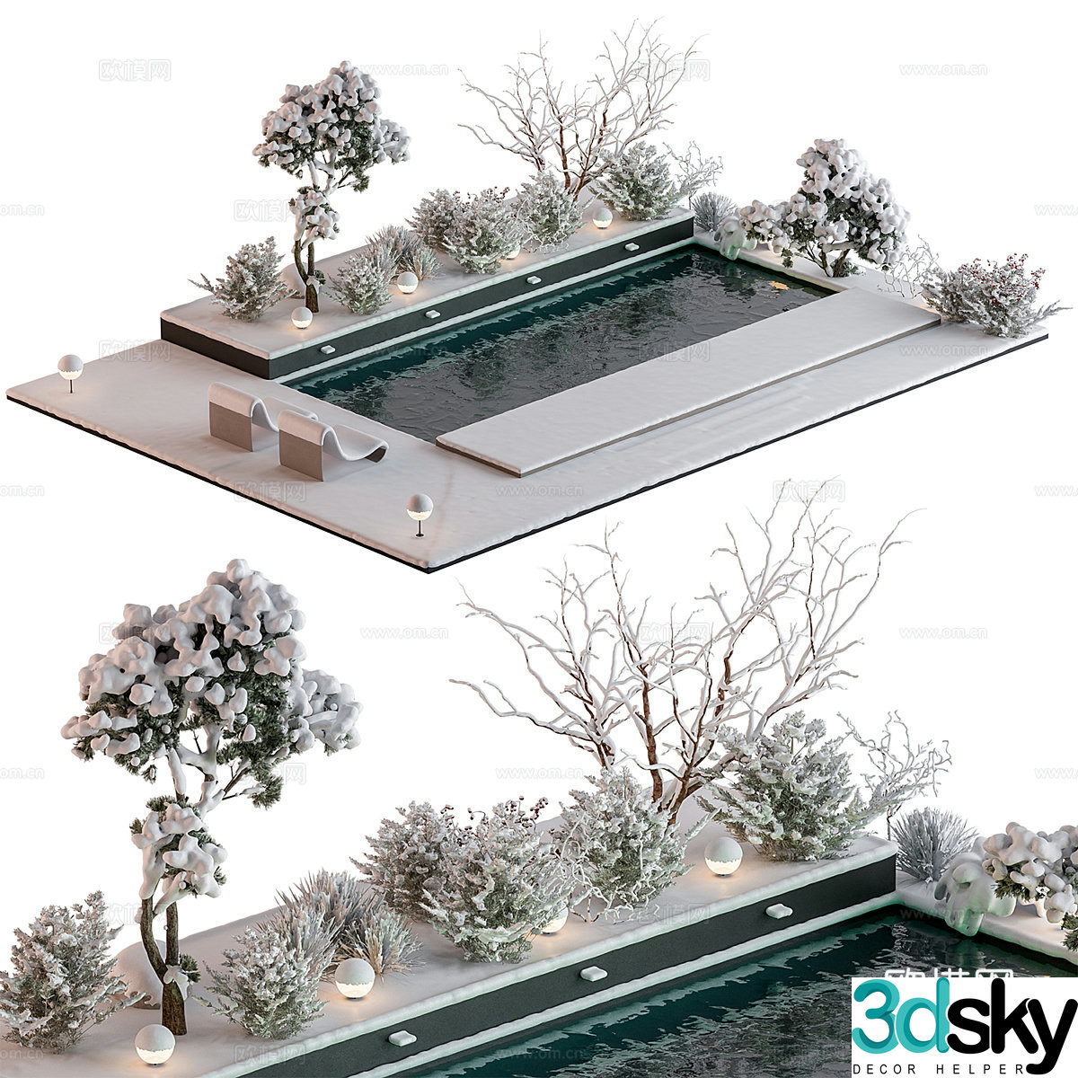 Modern garden snow scene 3d model