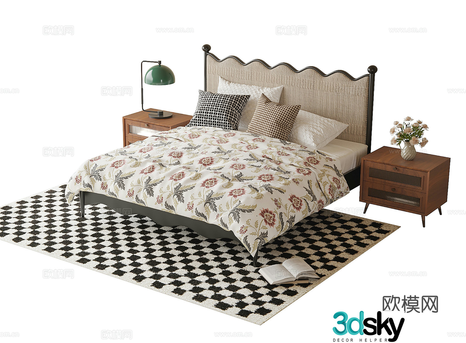 French double bed nightstand desk lamp 3d model