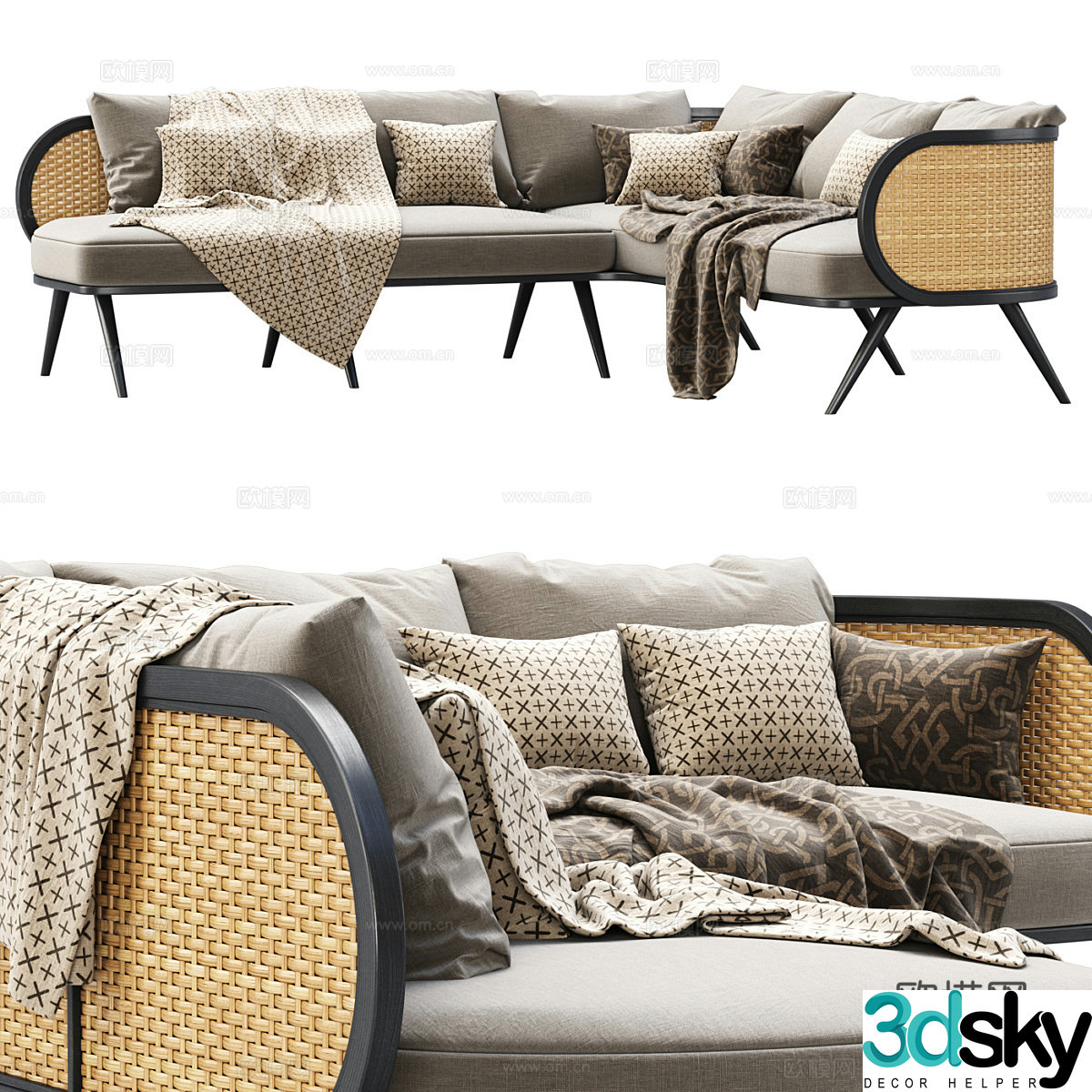 New Chinese Victoria Wooden Rattan Corner Sofa 3D Model