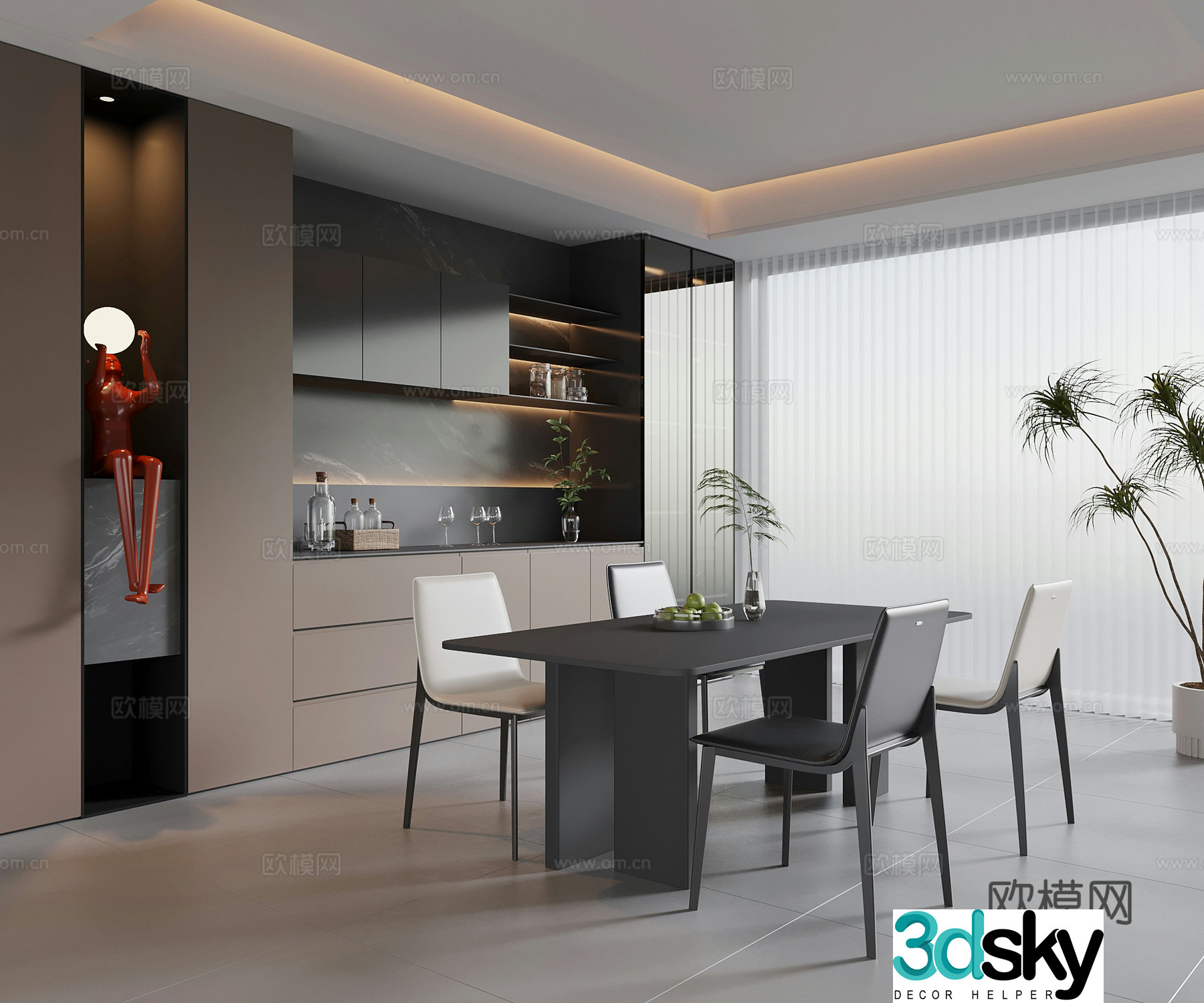 Modern Italian restaurant dining table and chair Italian wine cabinet 3d model