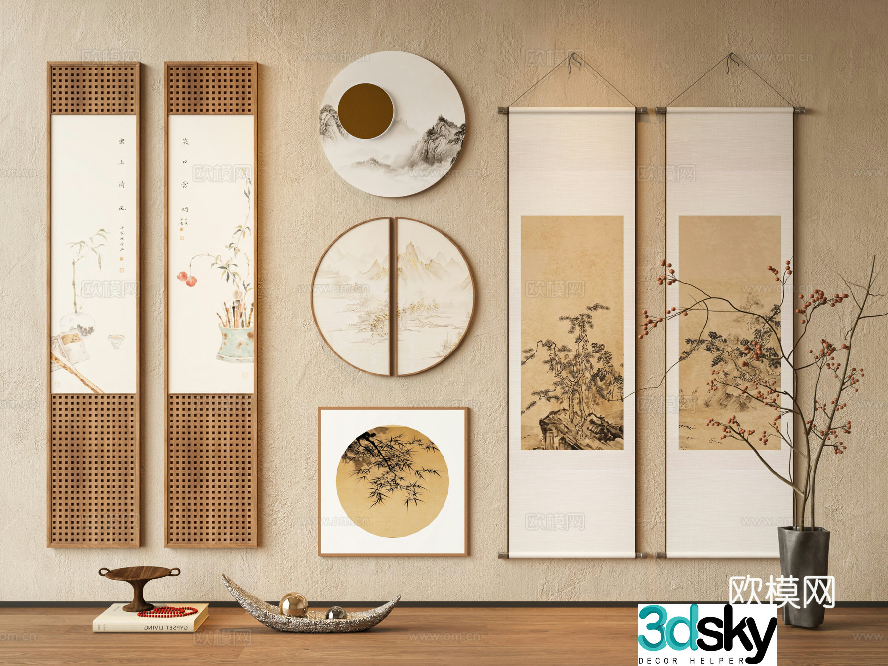 New Chinese style Zen hanging paintings New Chinese style decorative paintings Scroll paintings Entrance hanging paintings Living room hanging paintings 3D model of study