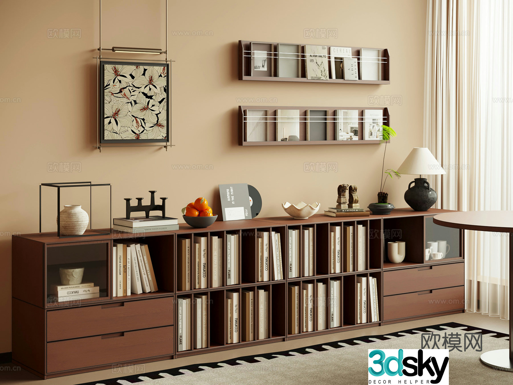 Middle-aged bookcase low cabinet floor cabinet decorative hanging painting 3D model