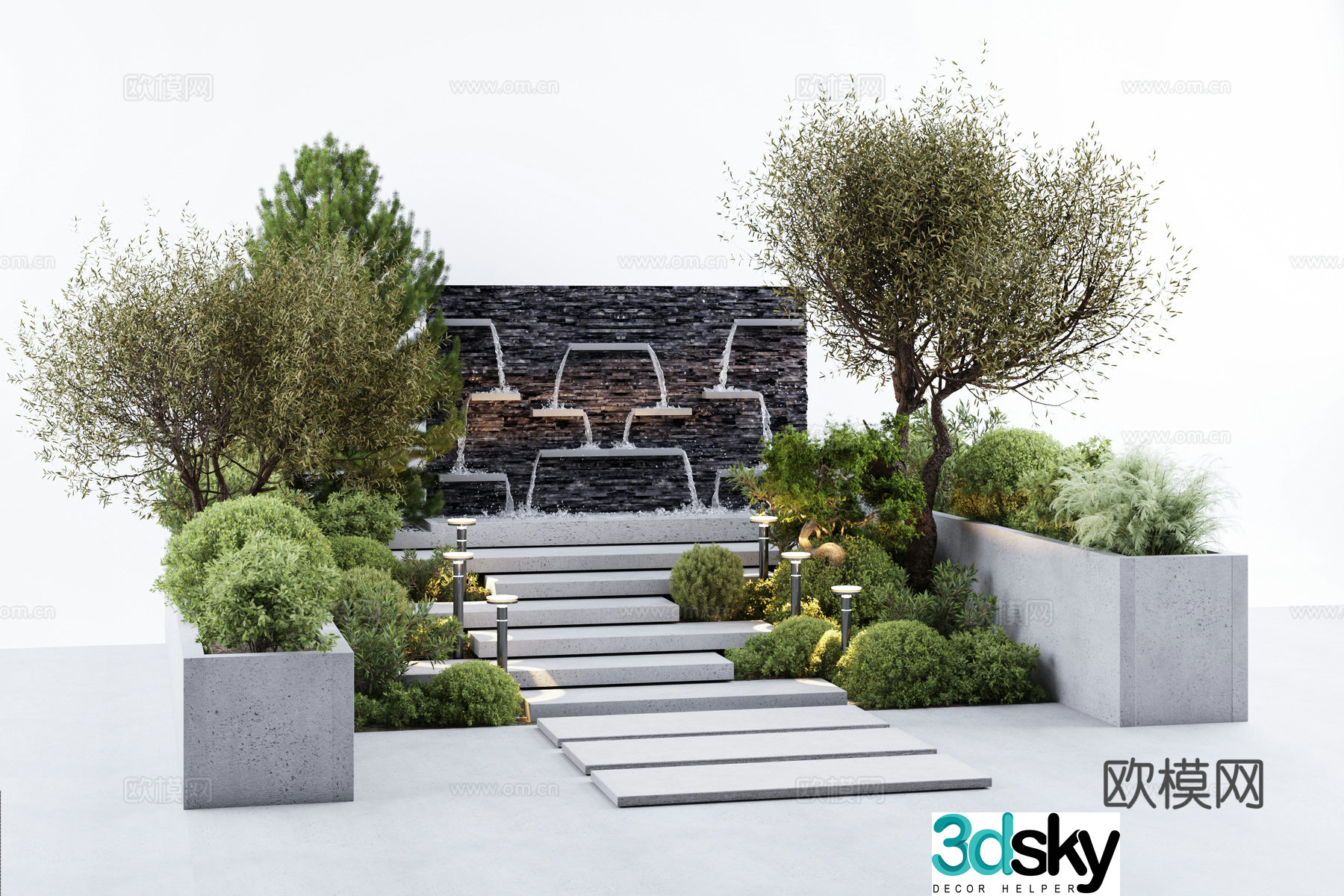 Landscape tree plants flowers plants and trees fountain flowing water 3d model