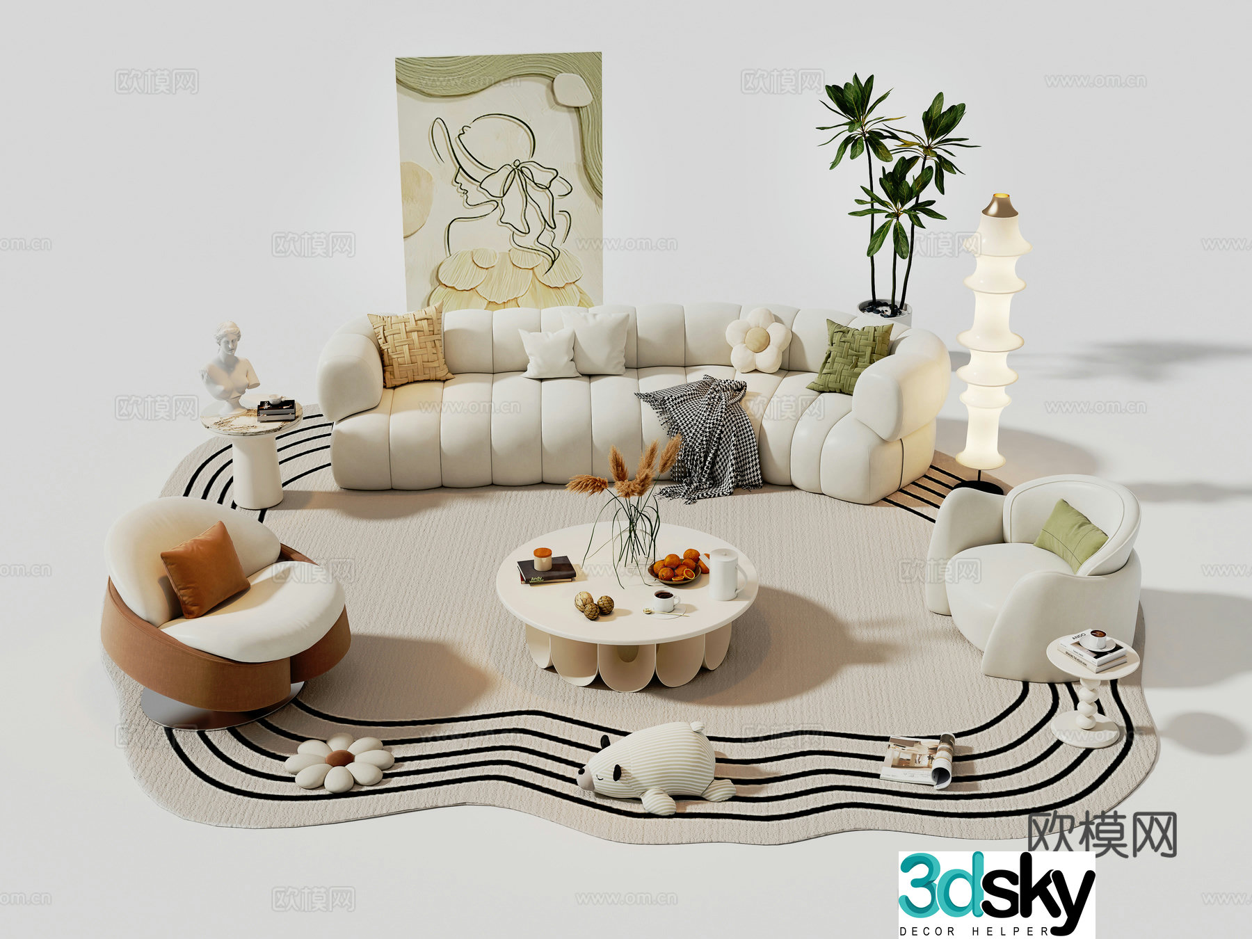 French cream sofa combination casual sofa beauty salon rest and reception area casual sofa coffee table 3D model