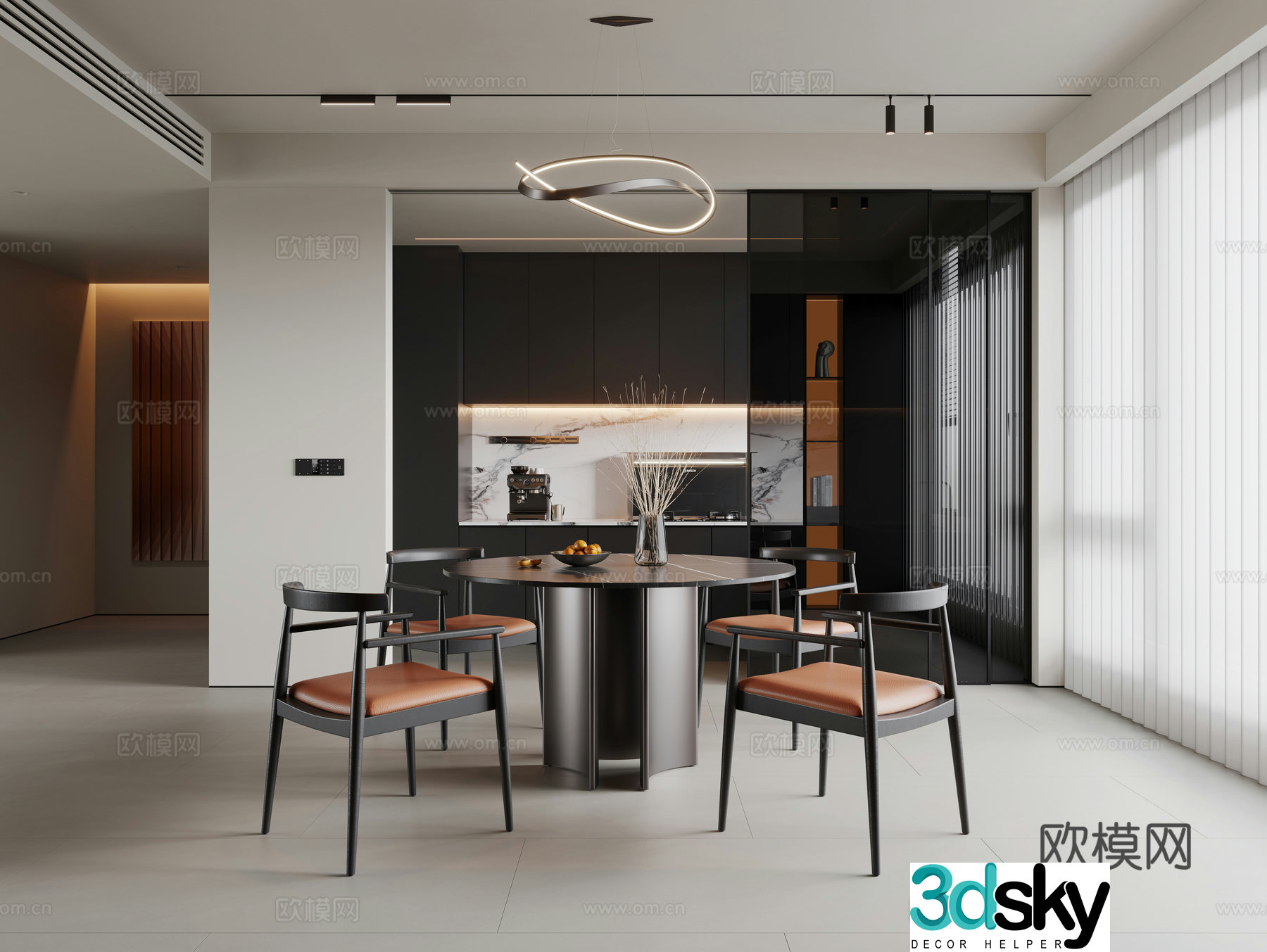 Modern minimalist dining room dining table and chair combination round dining table single chair solid wood dining chair closed kitchen 3D model