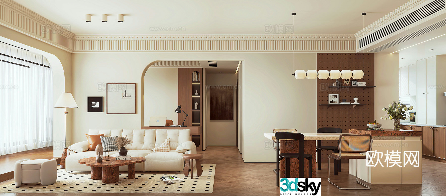 Modern medieval style living room fabric sofa combination dining bar dining chair combination TV cabinet dining side 3D model